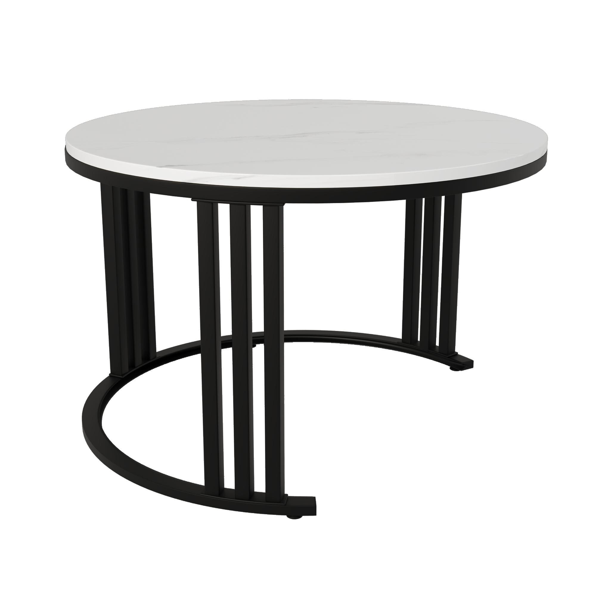 Runder Couchtisch mit weißer Platte und schwarzen, gebogenen Beinen.