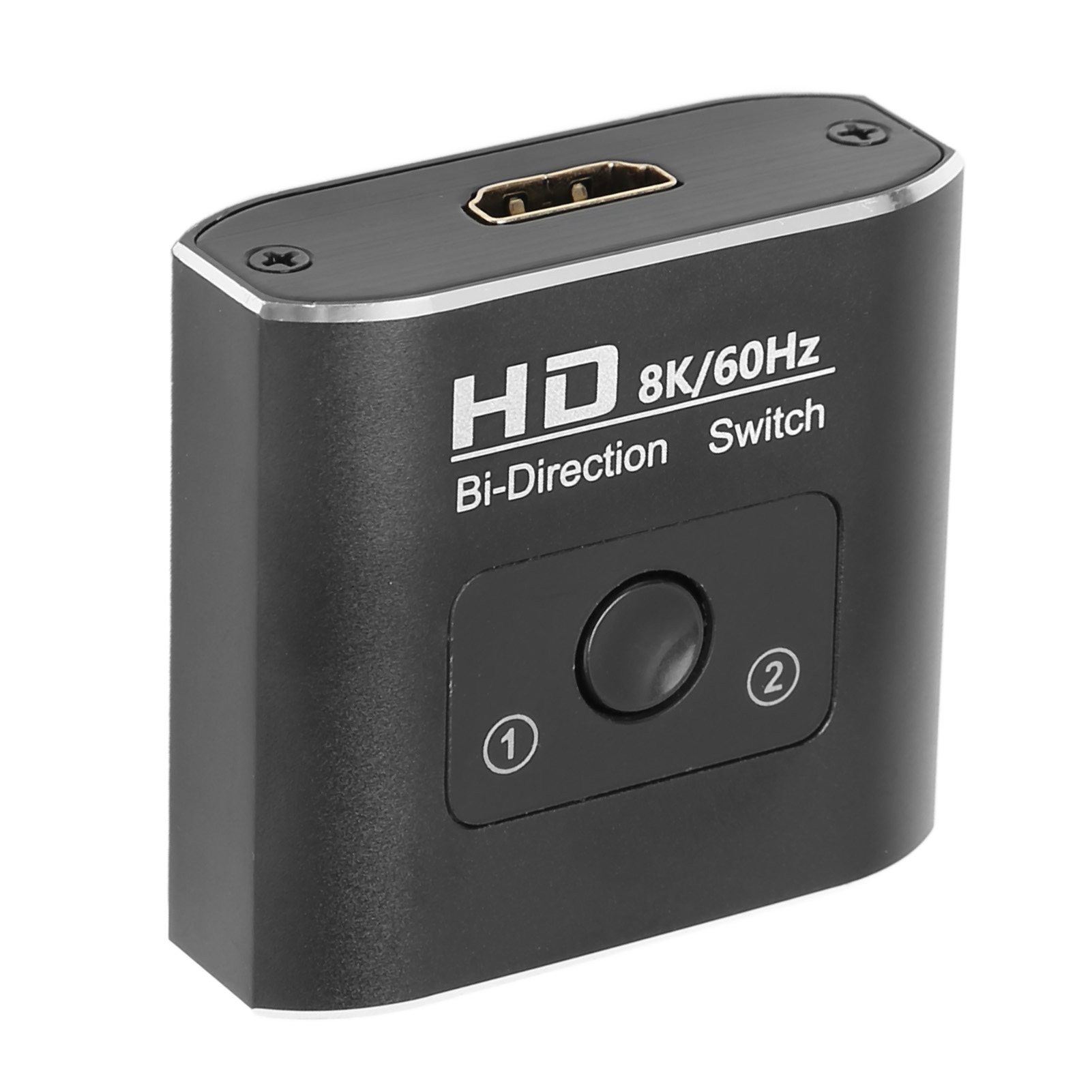 Schwarzer bidirektionaler HDMI-Switch mit den Anschlüssen '1' und '2' und dem Text '8K/60Hz'.