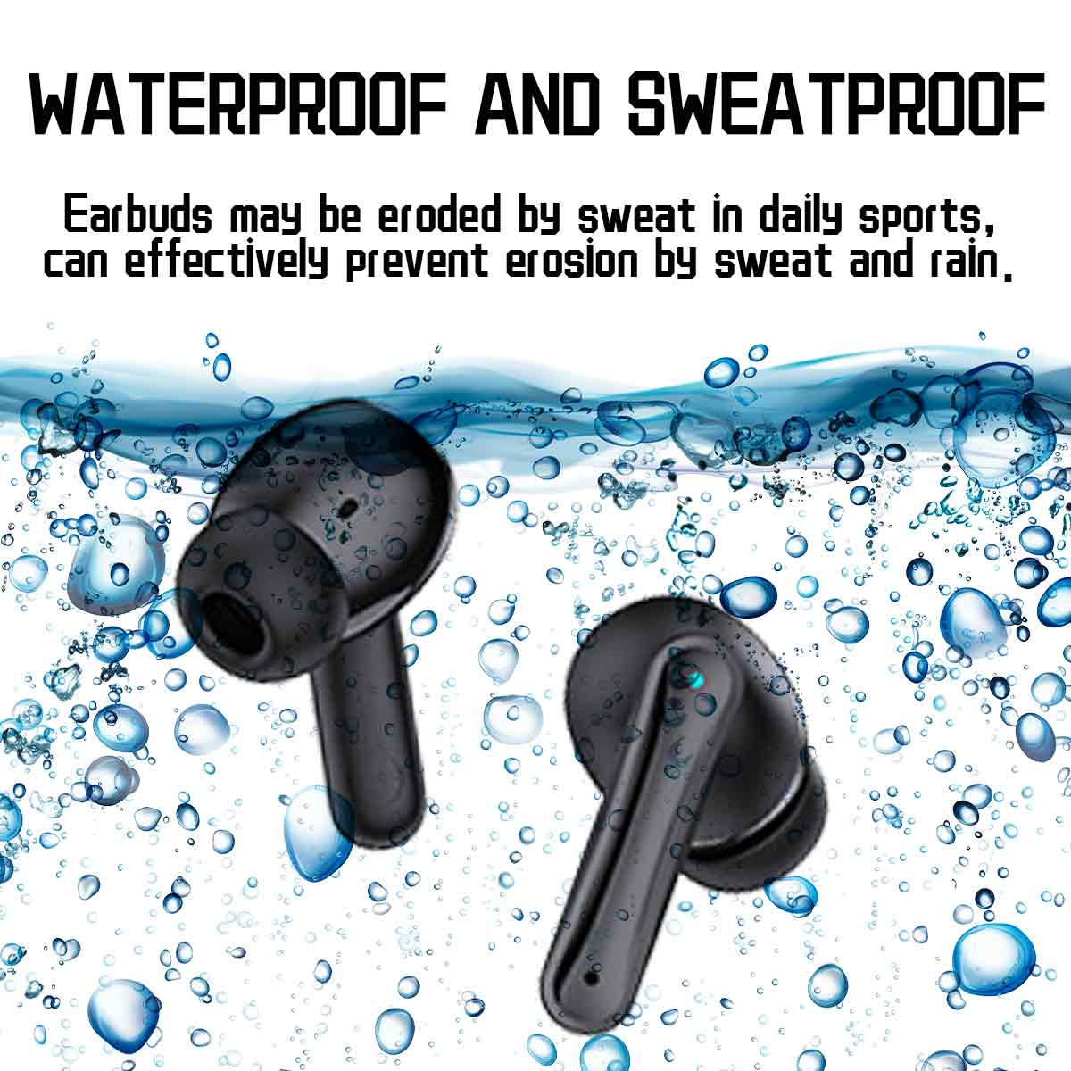 Schwarze Ohrhörer in Wassertropfen. Text besagt, dass sie wasserdicht und schweißfest sind.