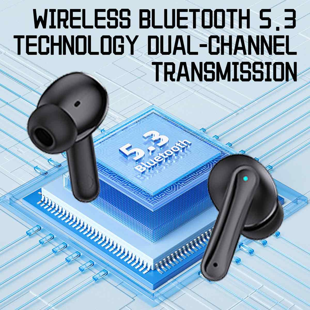 Zwei schwarze Ohrhörer auf einer blauen Leiterplatte. Text besagt drahtloses Bluetooth 5.3.