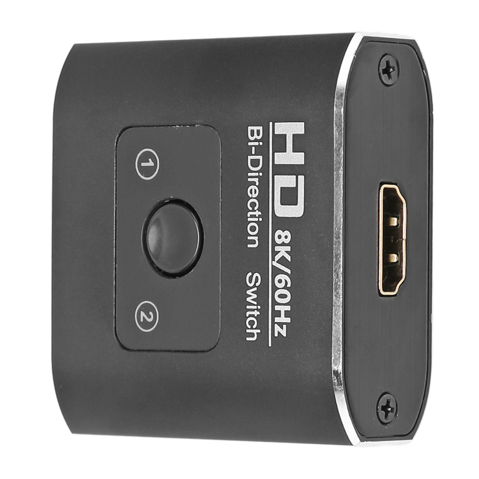 Schwarzer HDMI-Schalter mit Taste, Text und HDMI-Anschluss.