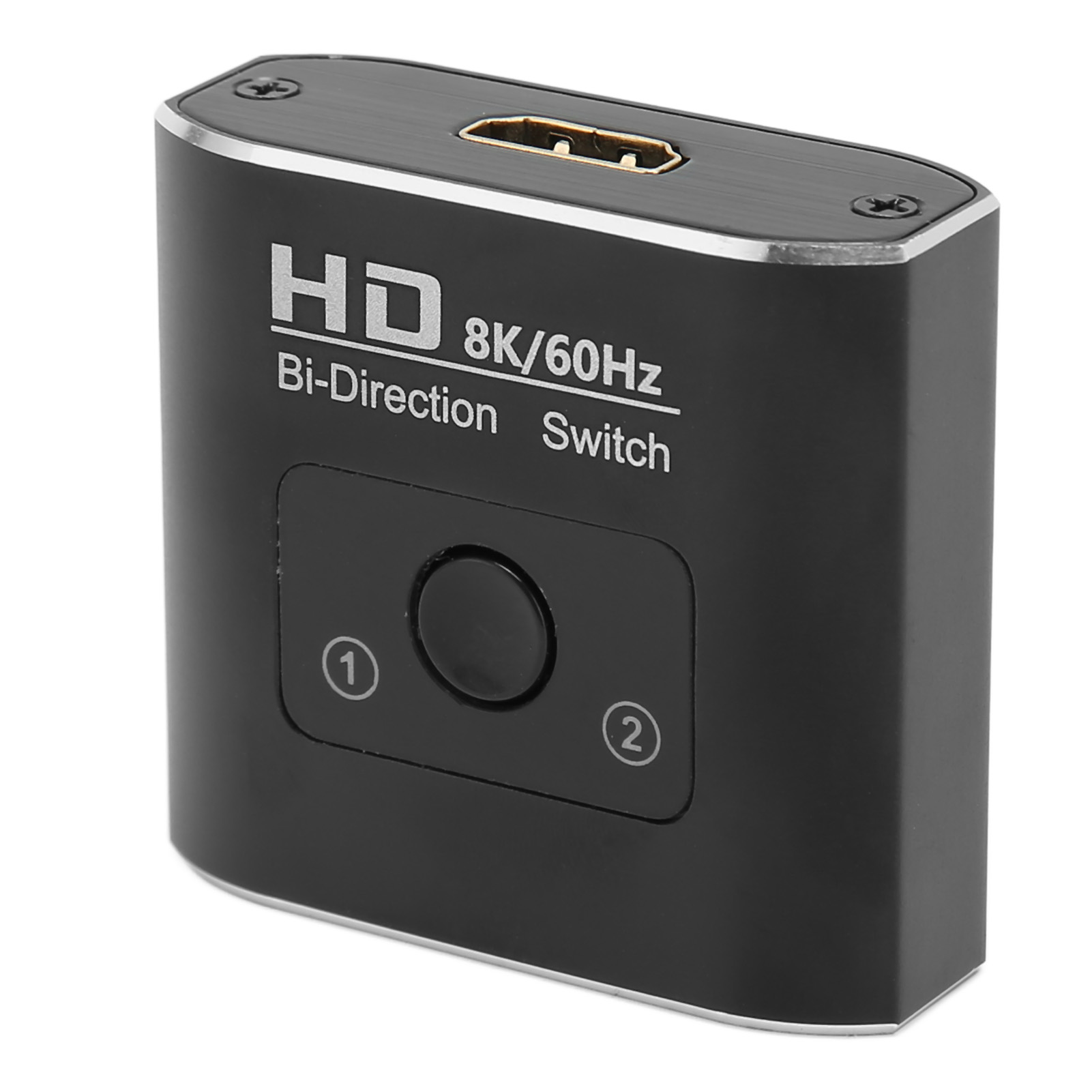 Schwarzer HDMI-Bidirektionsschalter mit Knopf, Anschlüssen und Beschriftungen.