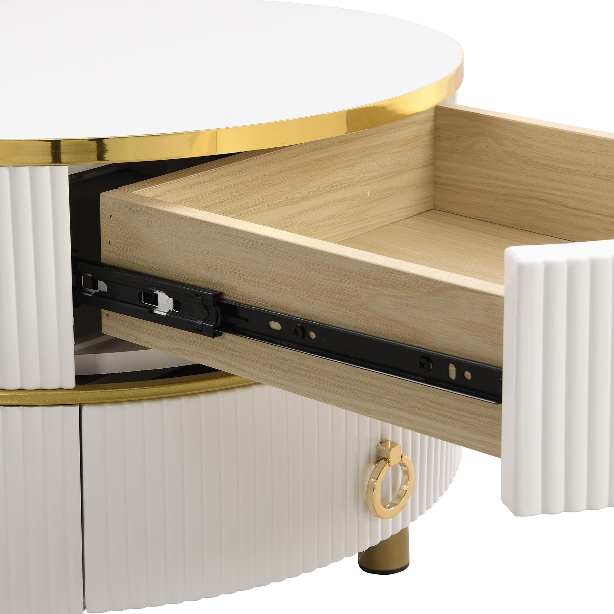 Nachttisch mit geöffneter Schublade, der ein Holzinterieur offenbart.