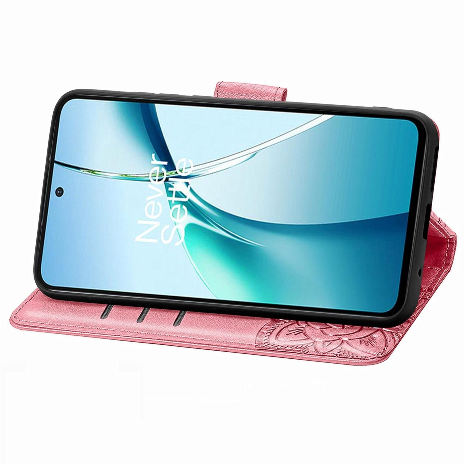Eine pinkfarbene Handyhülle, offen, mit einem schwarzen Telefon. Das Telefon hat die Worte 'Never Settle'. Die Hülle hat ein Blumendesign.