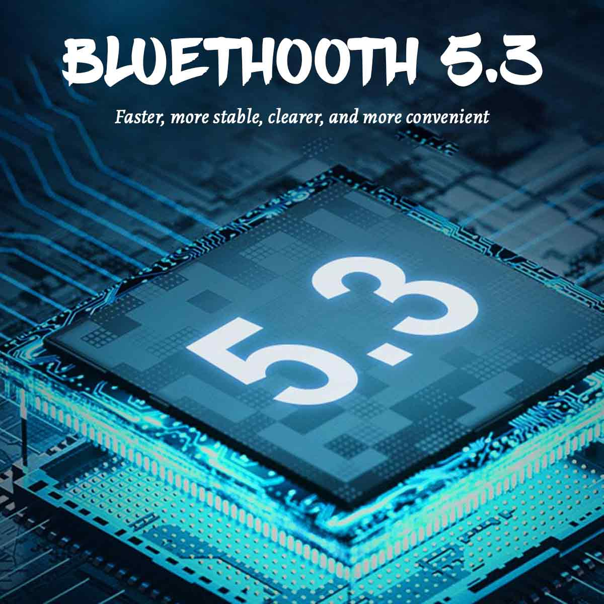 Nahaufnahme einer blauen elektronischen Leiterplatte. Weißer Text: 5.3, Bluetooth 5.3.