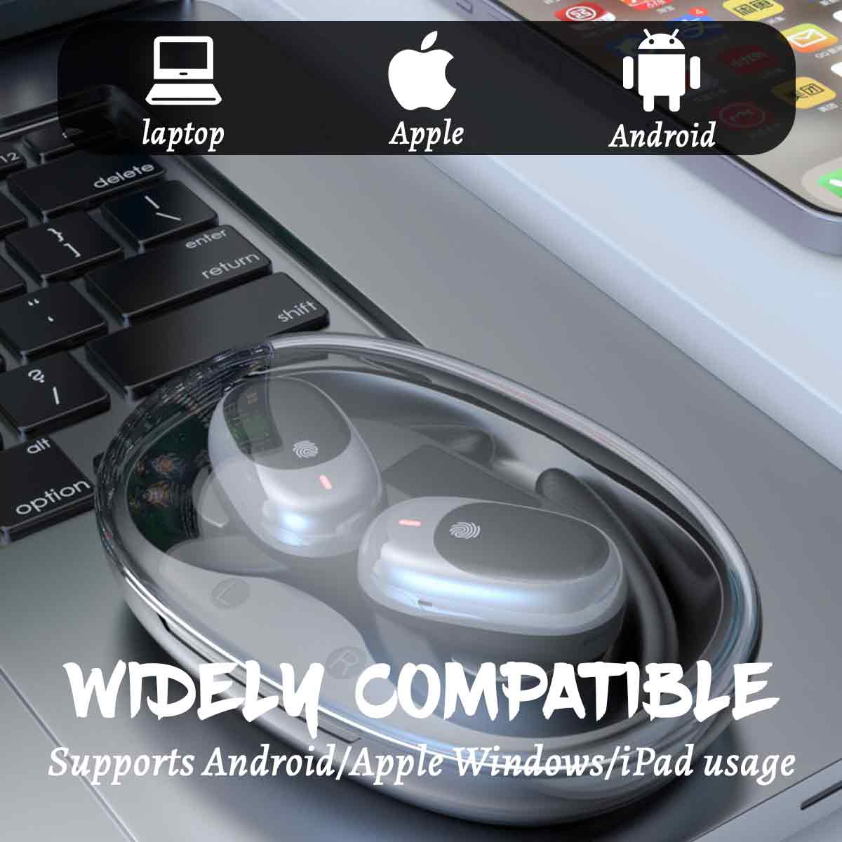 Ohrhörer in einem Ladeetui, mit Symbolen für Laptop, Apple und Android. Text: Weitgehend kompatibel.