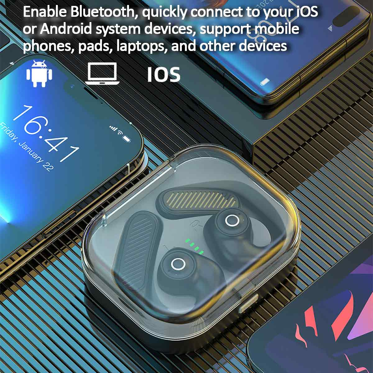 Ohrhörer in einem transparenten Gehäuse auf einer Oberfläche mit Telefonen. Text: Bluetooth aktivieren, schnell mit iOS und Android verbinden.
