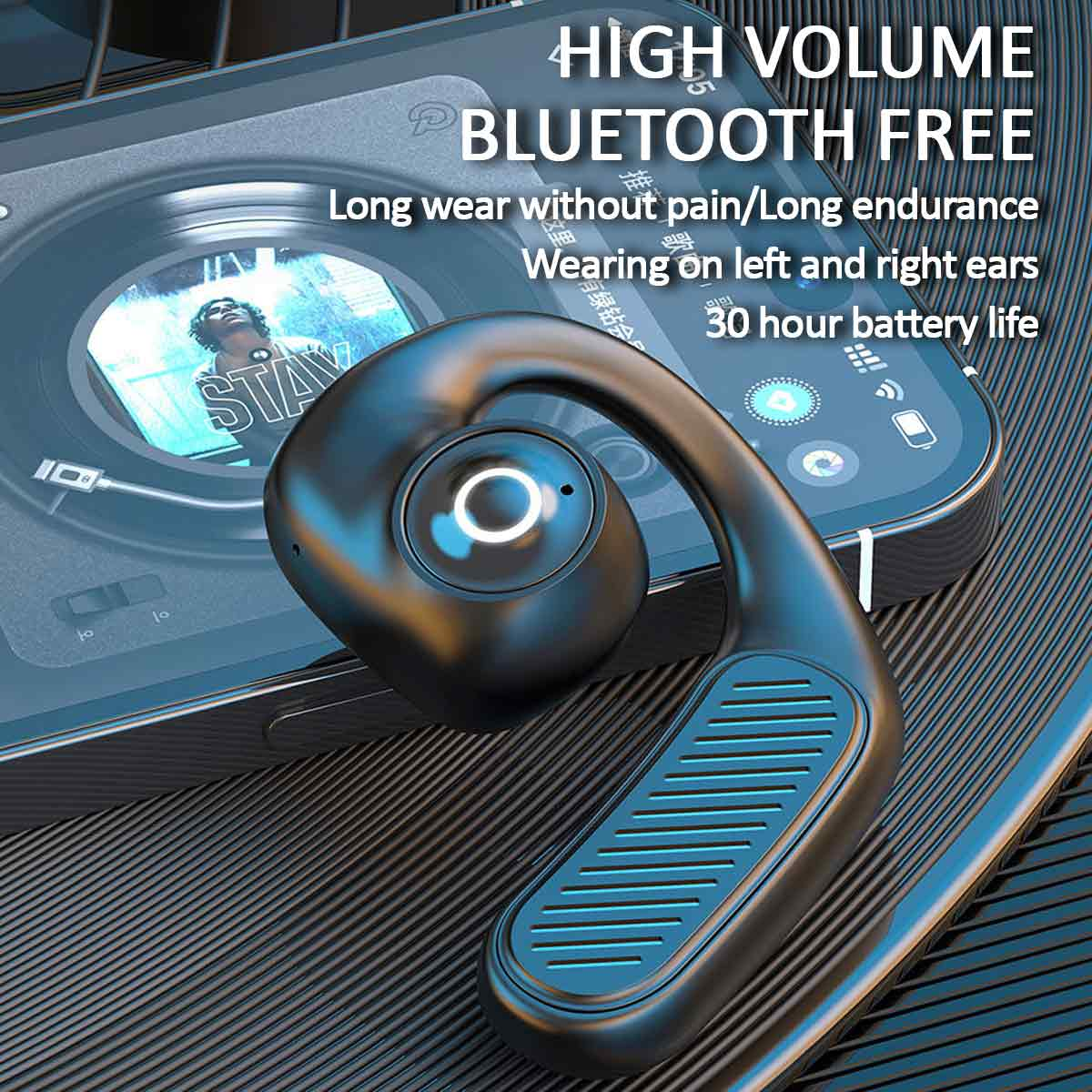 Schwarzer Kopfhörer mit Smartphone, Text: High volume bluetooth free, Tragen auf links und rechts.