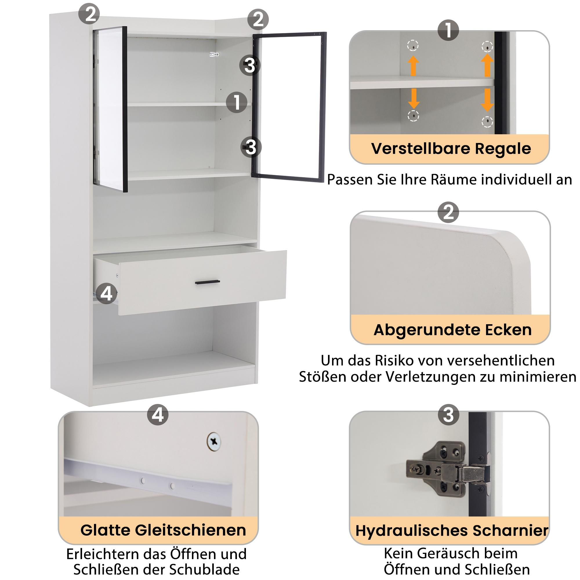 Weißer Schrank mit Regalen, Schublade und Spiegeltür. Diagramme zeigen Merkmale und Abmessungen.