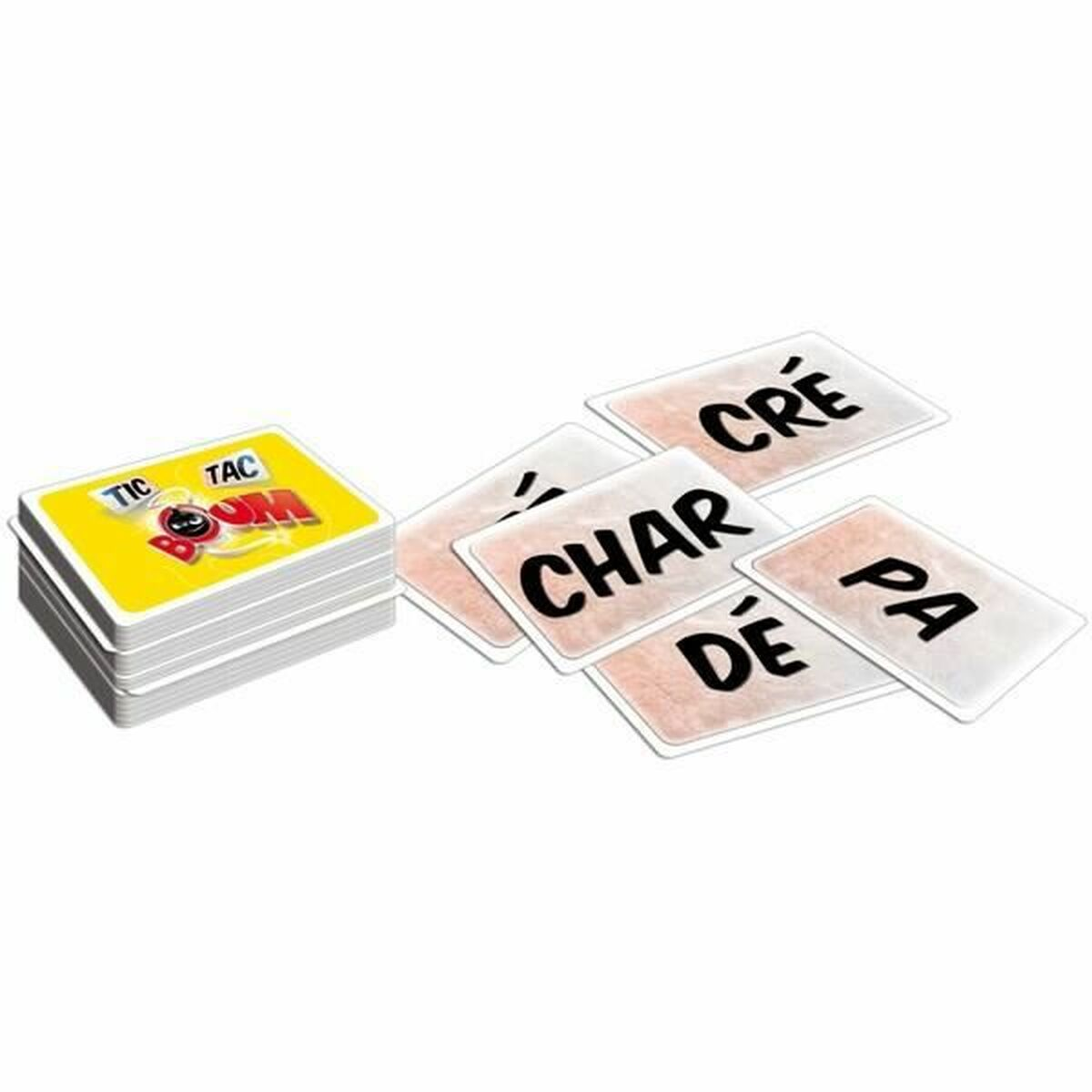 Gioco di carte Tic Tac Boom con carte che mostrano frammenti di parole. Sfondo bianco.