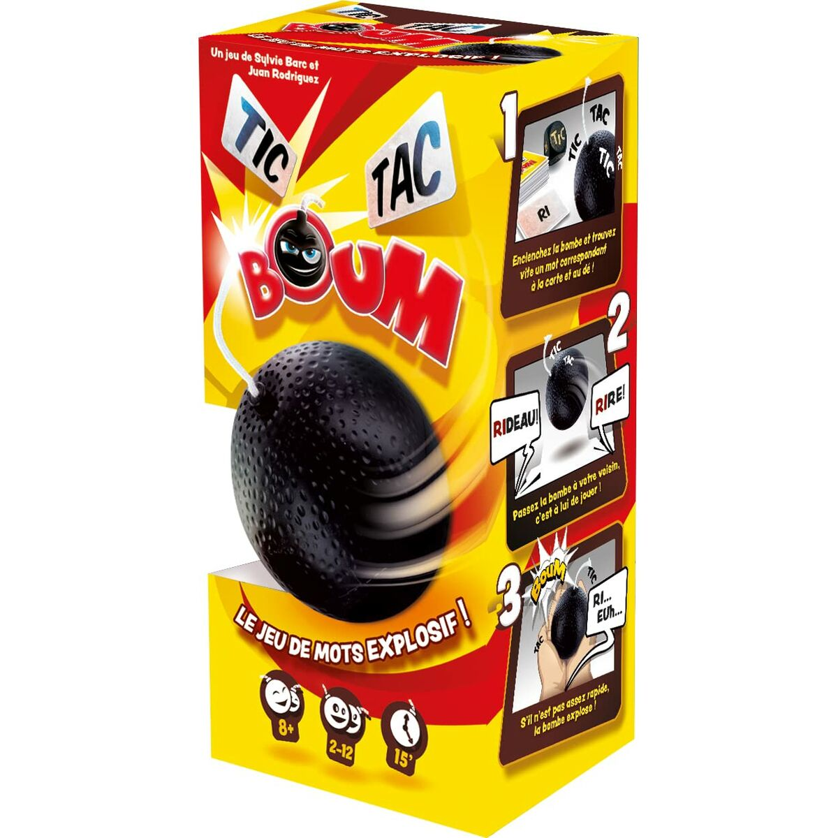 Scatola del gioco Tic Tac Boom, con immagini che mostrano le istruzioni del gioco. Sfondo bianco.