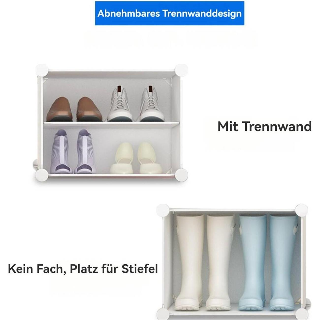 Schuhaufbewahrung mit Regalen, enthaltend Schuhe, Stiefel und ein Etikett. Weißer Hintergrund.