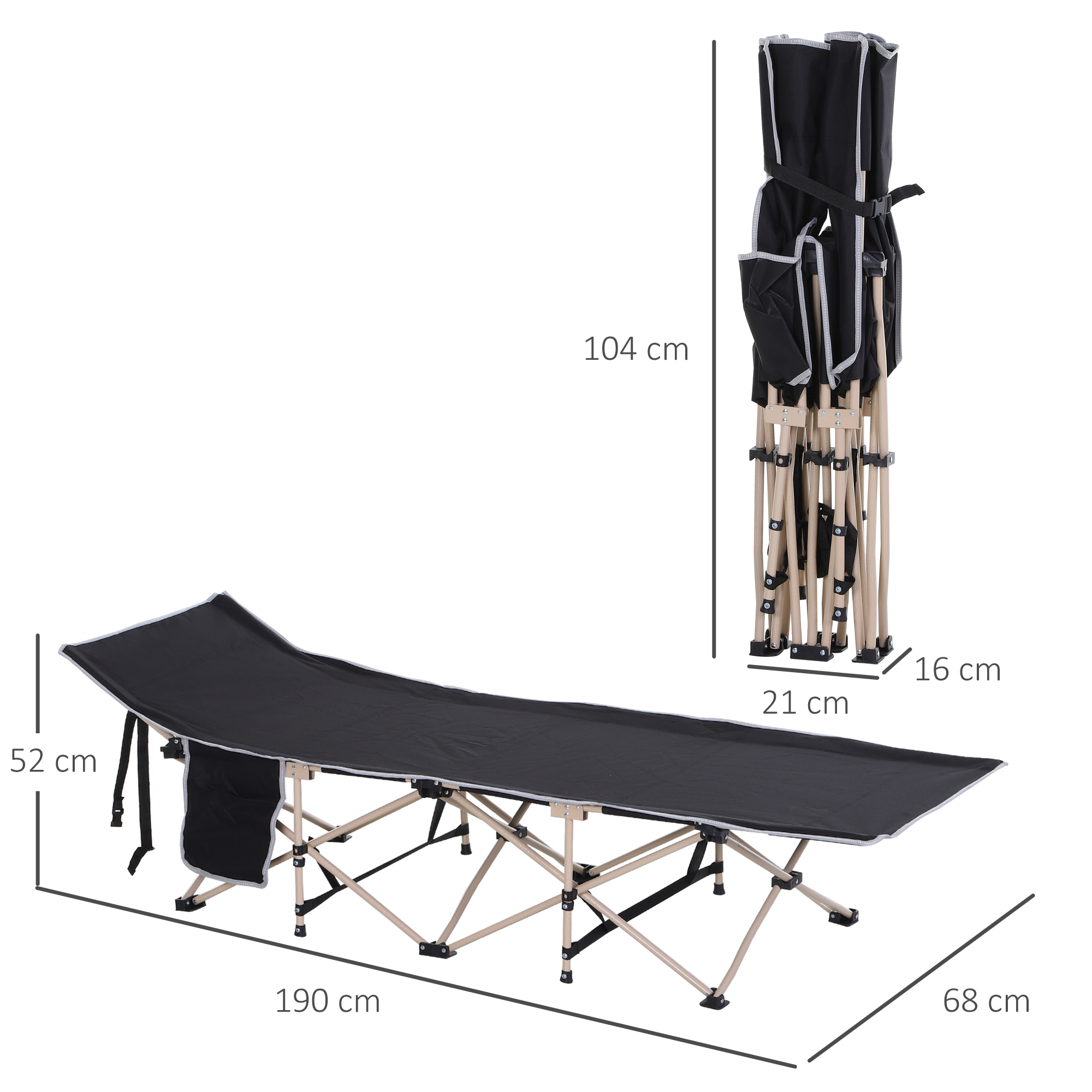 Klappbares Campingbett mit Maßen: 190 cm lang, 68 cm breit, 52 cm hoch. Zusammengeklapptes Bett: 104 cm x 21 cm x 16 cm.