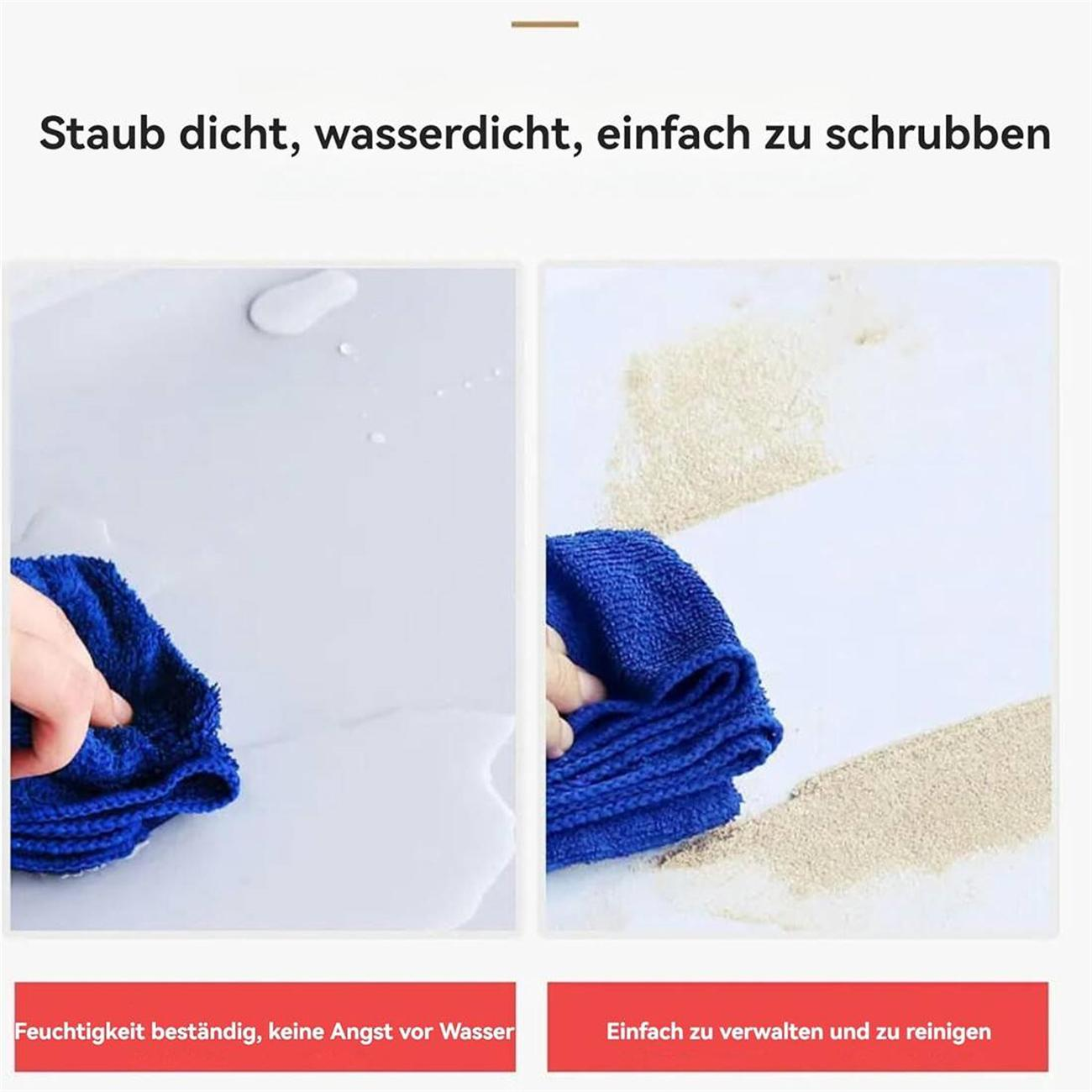 Zwei Bilder zeigen die Reinigung. Blaues Tuch reinigt. Text: Staubdicht, wasserdicht, leicht zu schrubben.