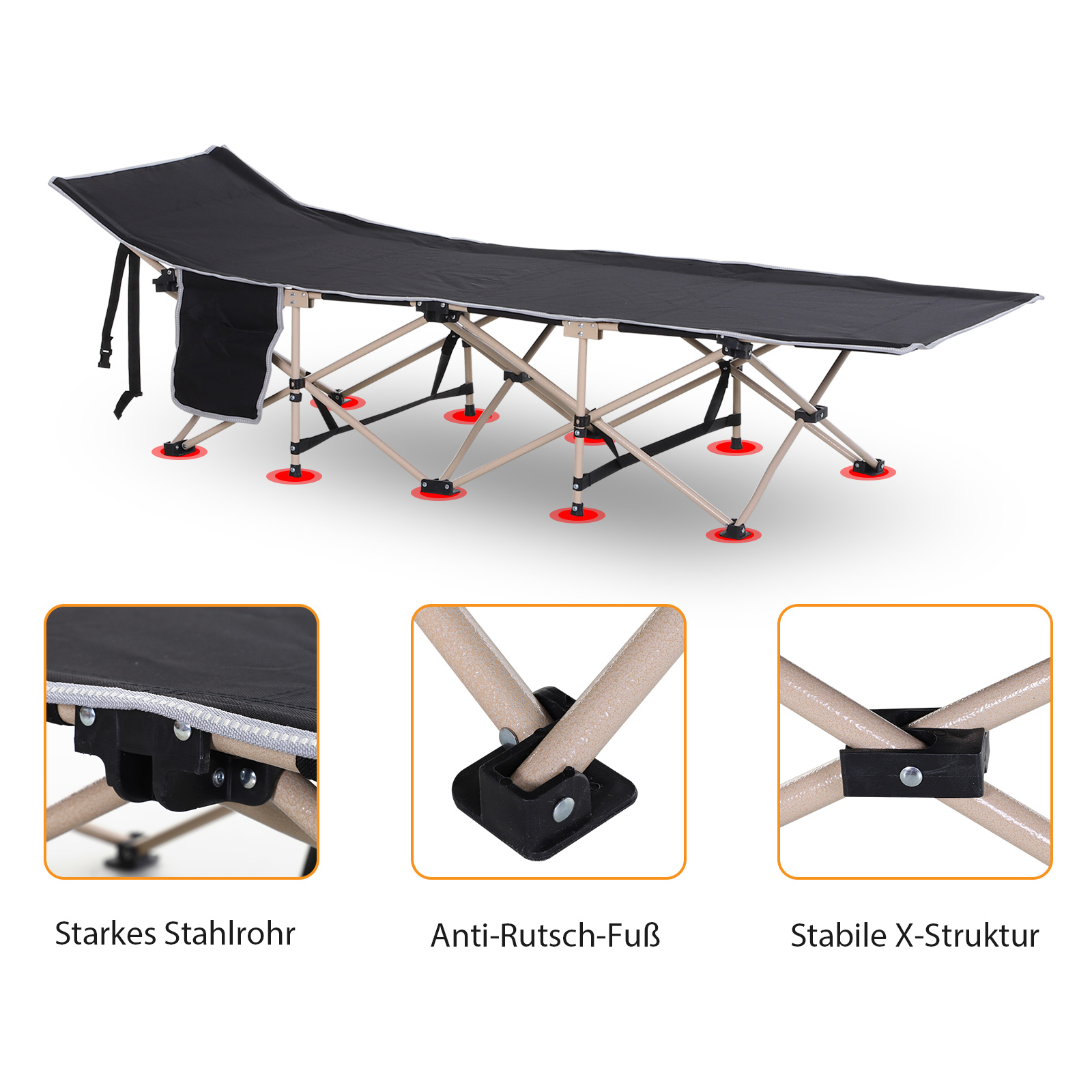 Schwarz-beiges Klappbett mit Details des Rahmens und der Füße.