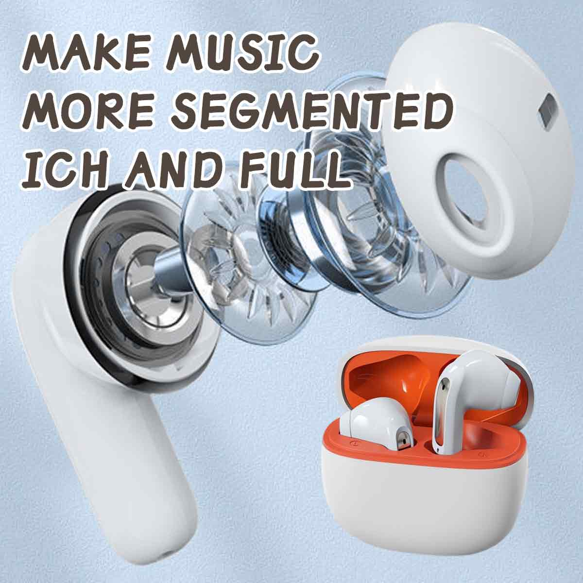 Ohrhörer mit einem orangefarbenen Ladecase, zeigt interne Komponenten und Design.