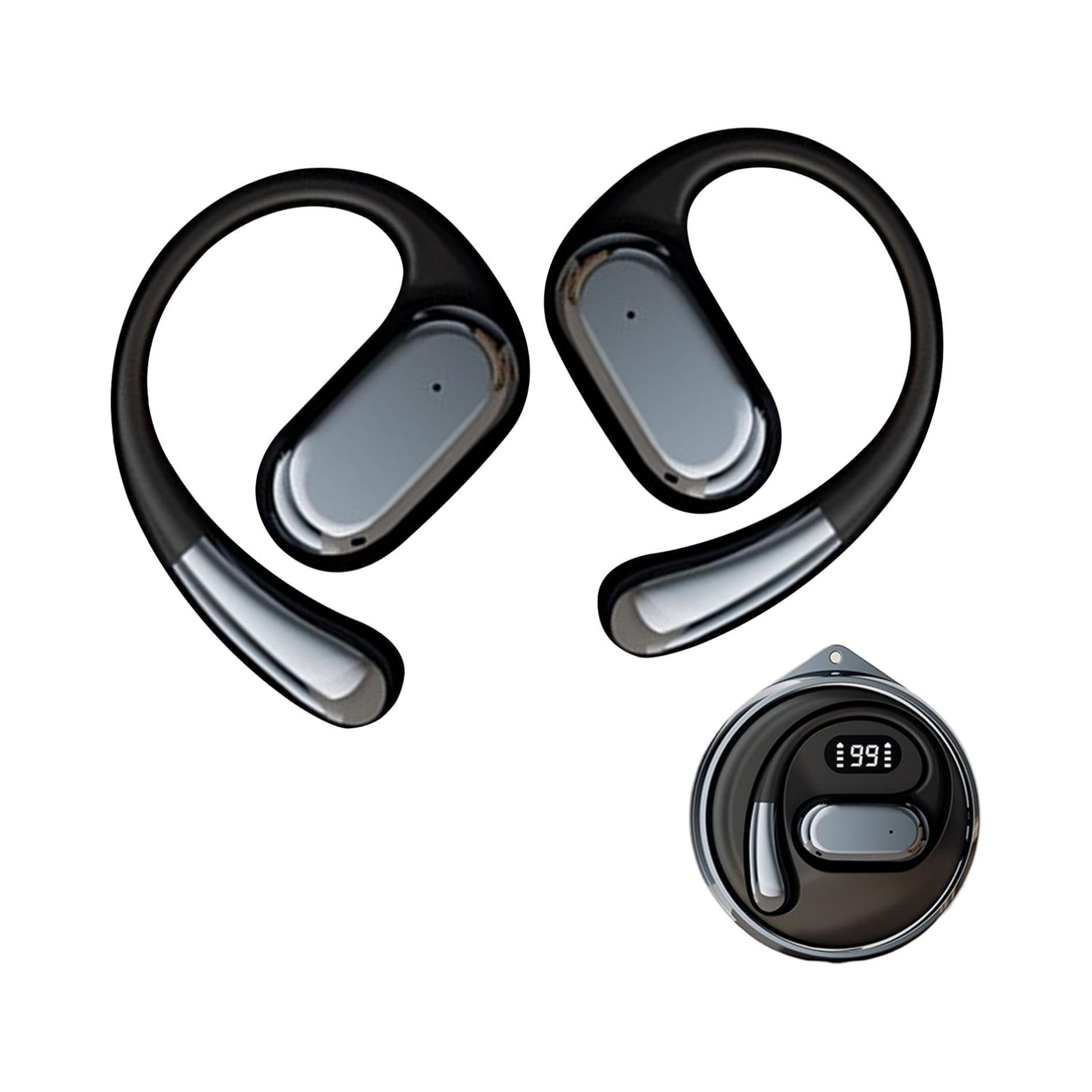Schwarze und silberne Sport-Ohrhörer. Ladecase mit Display. Kompaktes und ergonomisches Design.