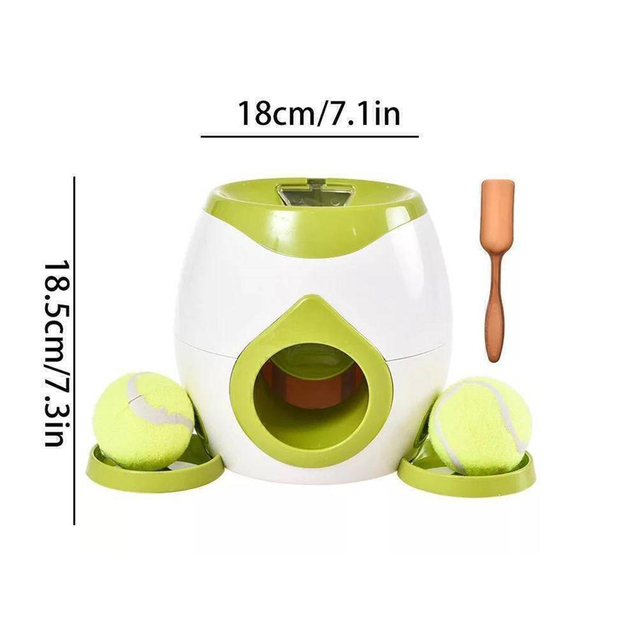 Interaktiver Haustier-Ballwerfer mit Abmessungen. Grüne, weiße und orangefarbene Farben. Tennisbälle und Holzspatel.