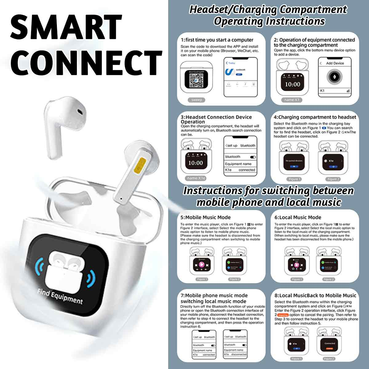 Anweisungen für Smart-Connect-Kopfhörer. Diagramme und Text zeigen Schritte zum Verbinden von Geräten.