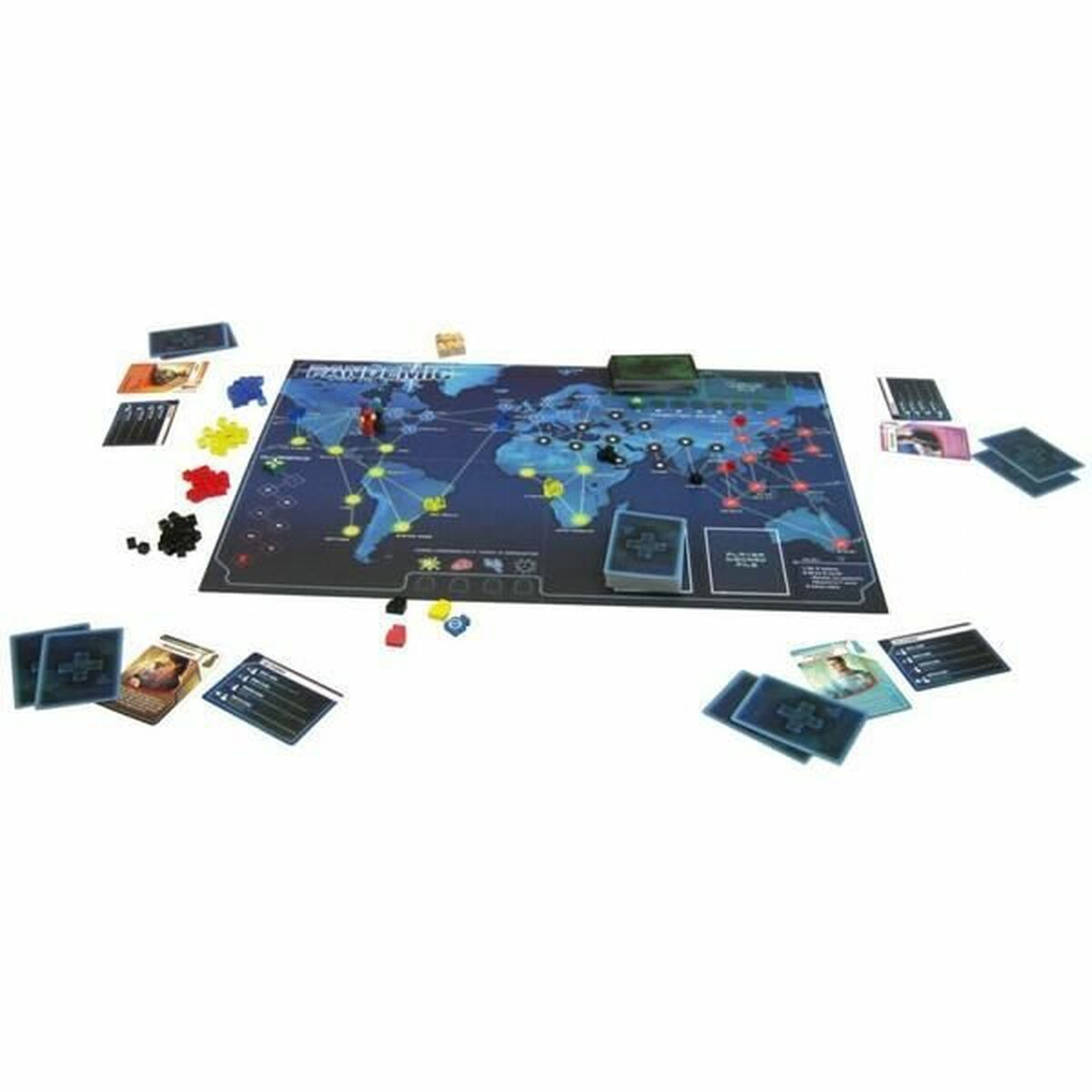 Gioco da tavolo Pandemic con pezzi e carte distribuite su una mappa del mondo. Il tabellone è a fuoco.