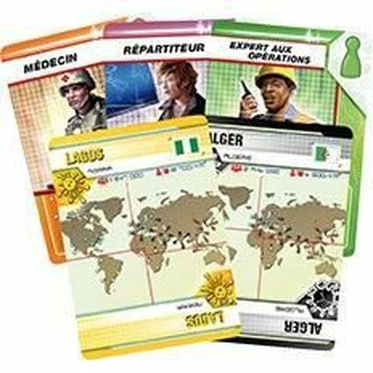 Carte del gioco da tavolo Pandemic. Le carte mostrano illustrazioni di persone, mappe e testo.