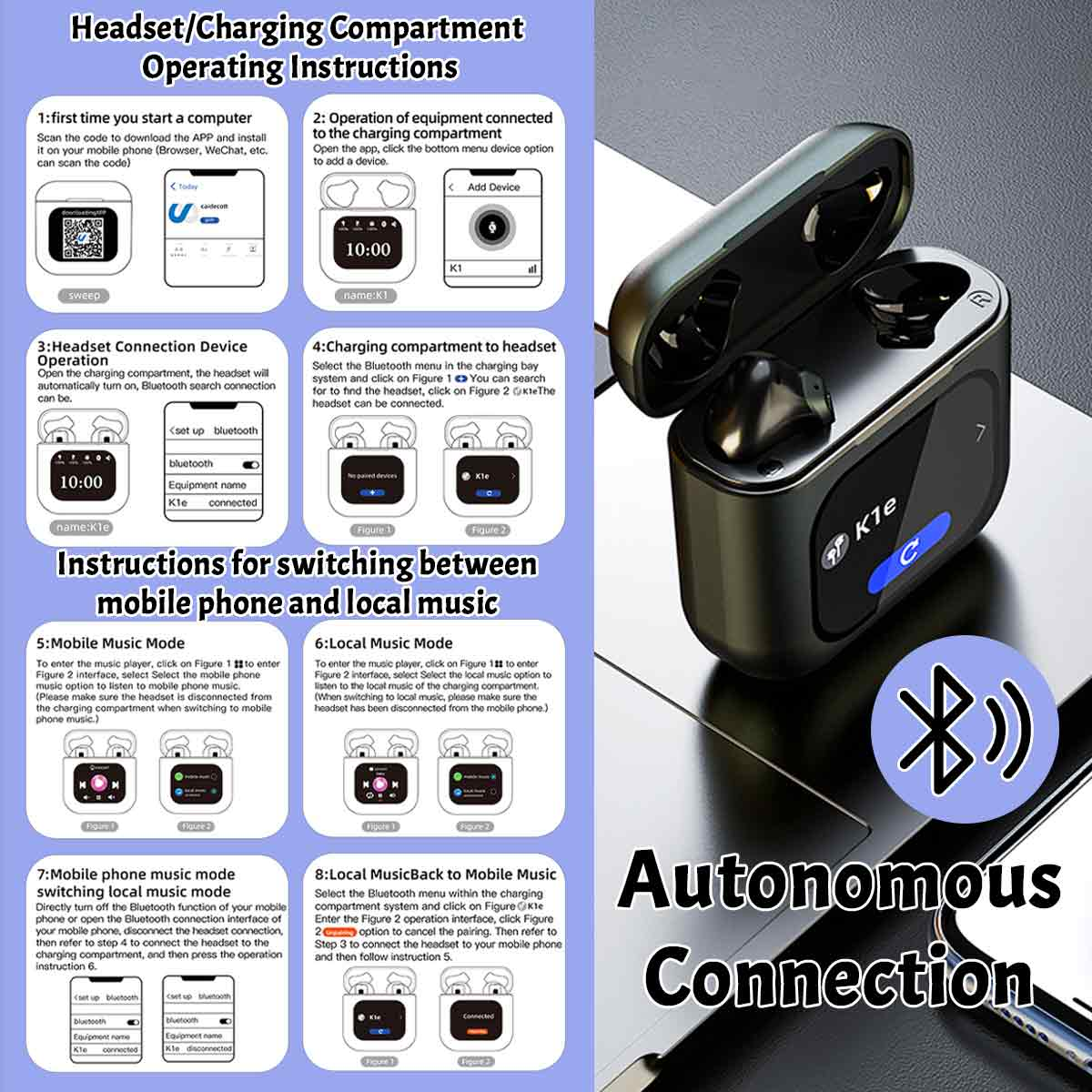 Anweisungen für ein kabelloses Headset mit Diagrammen und Text. Zeigt Anweisungen zum Koppeln und Musikmodus.