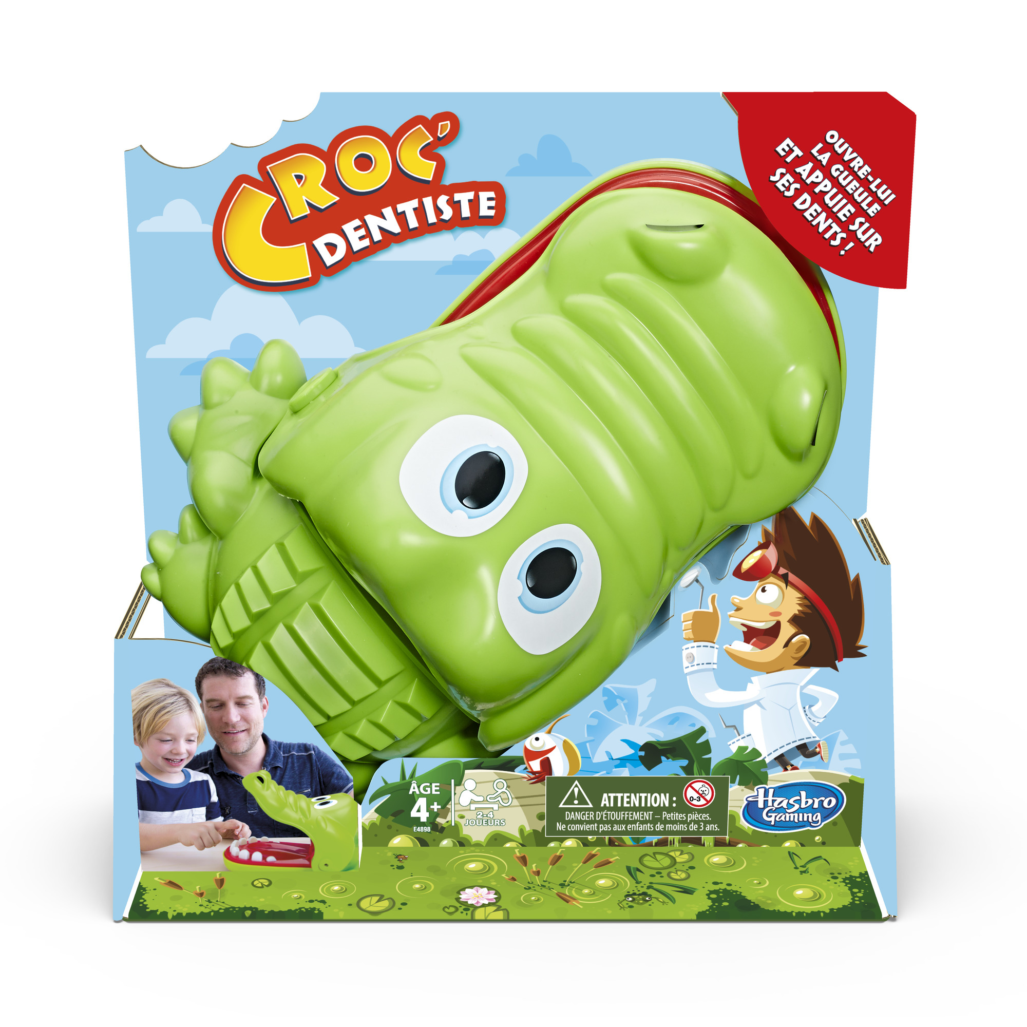 Krokodil tandarts speldoos met een jongen en een man die spelen.