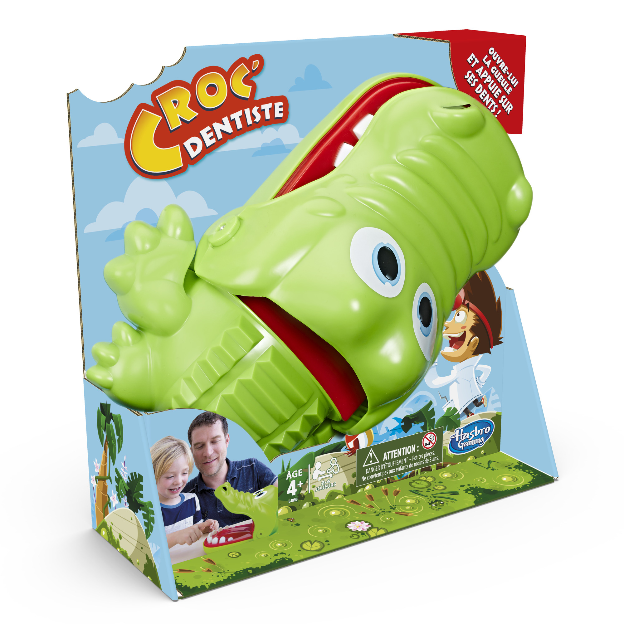 Afbeelding toont een speelgoed krokodillenkop in een doos, met een kind en een volwassene die met het speelgoed spelen.
