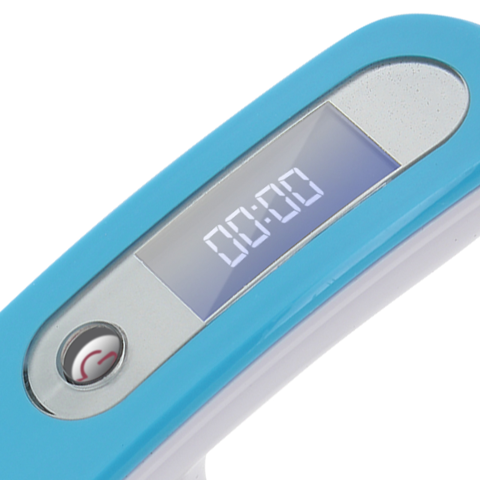Nahaufnahme eines blauen Geräts mit digitaler Anzeige 00:00.