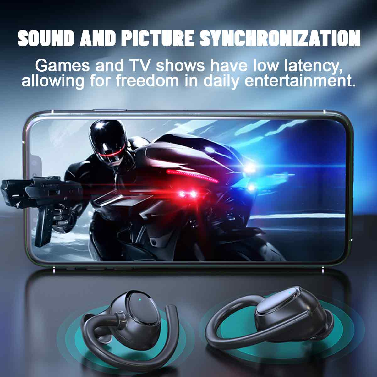 Ohrhörer vor einem Telefon, das eine Spielszene zeigt. Text: 'Sound- und Bildsynchronisation'.