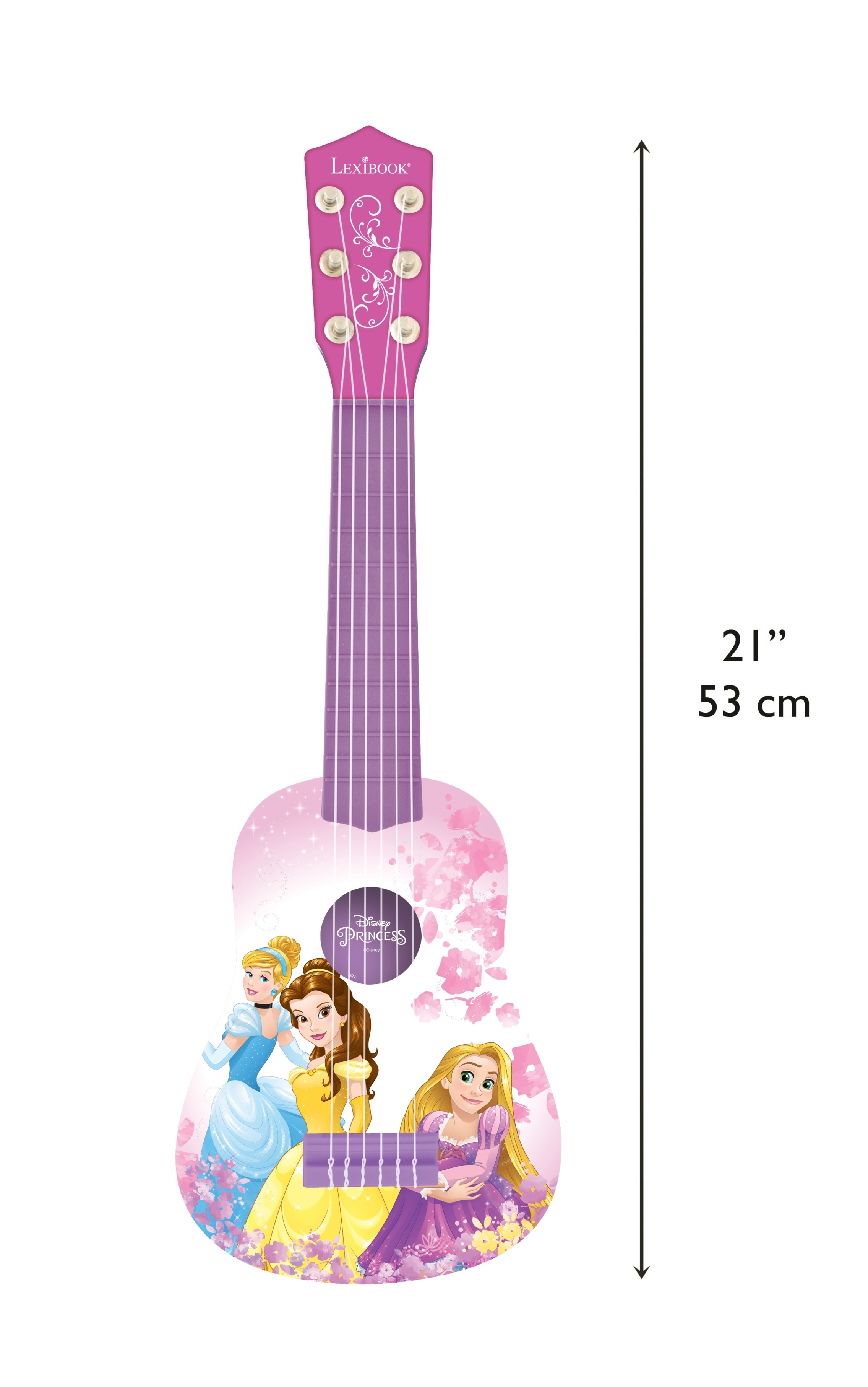 Różowe ukulele z księżniczkami Disneya. Tekst brzmi 21" i 53 cm.