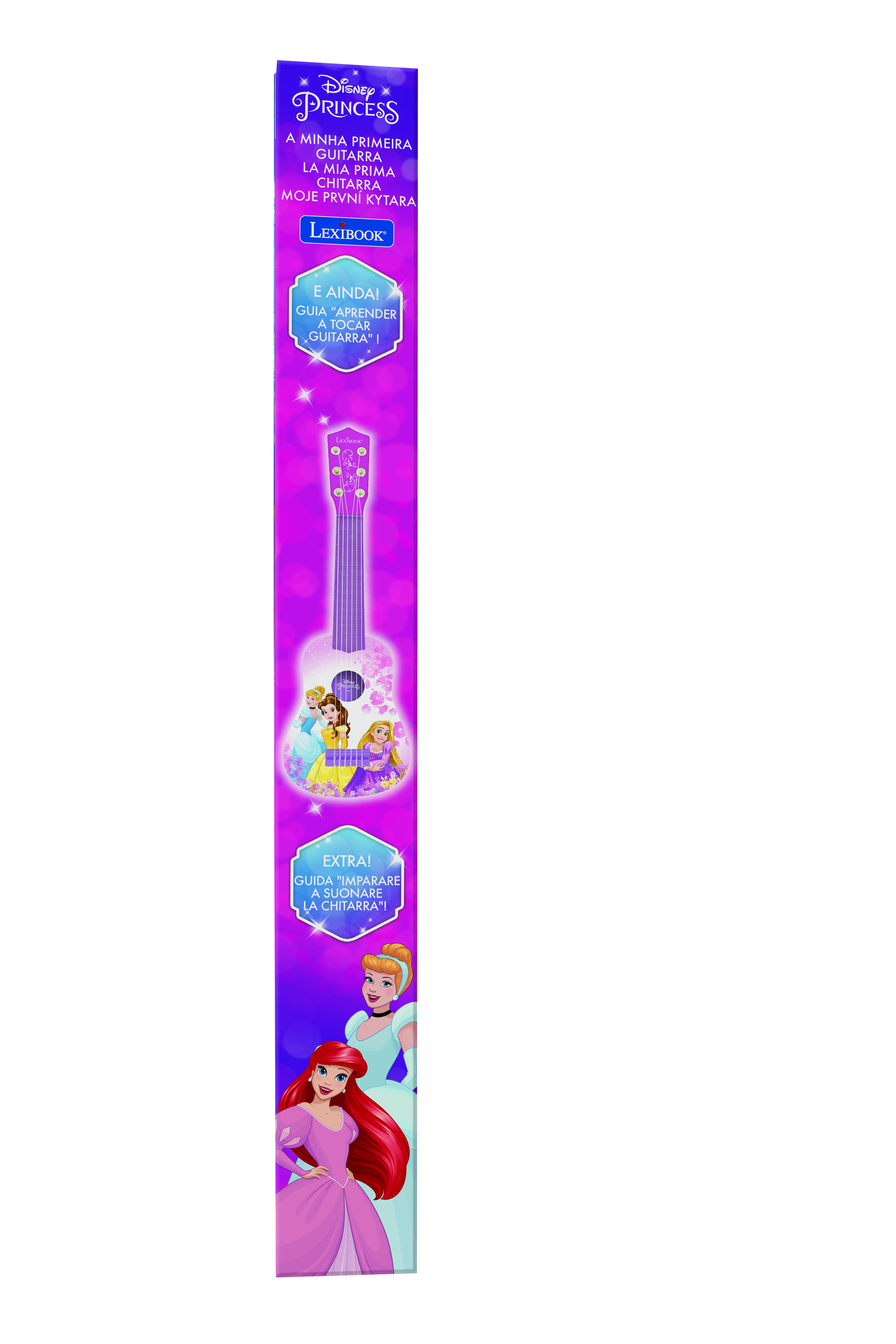 Wysokie pudełko zabawki gitary Disney Princess. Obraz gitary jest widoczny na pudełku.