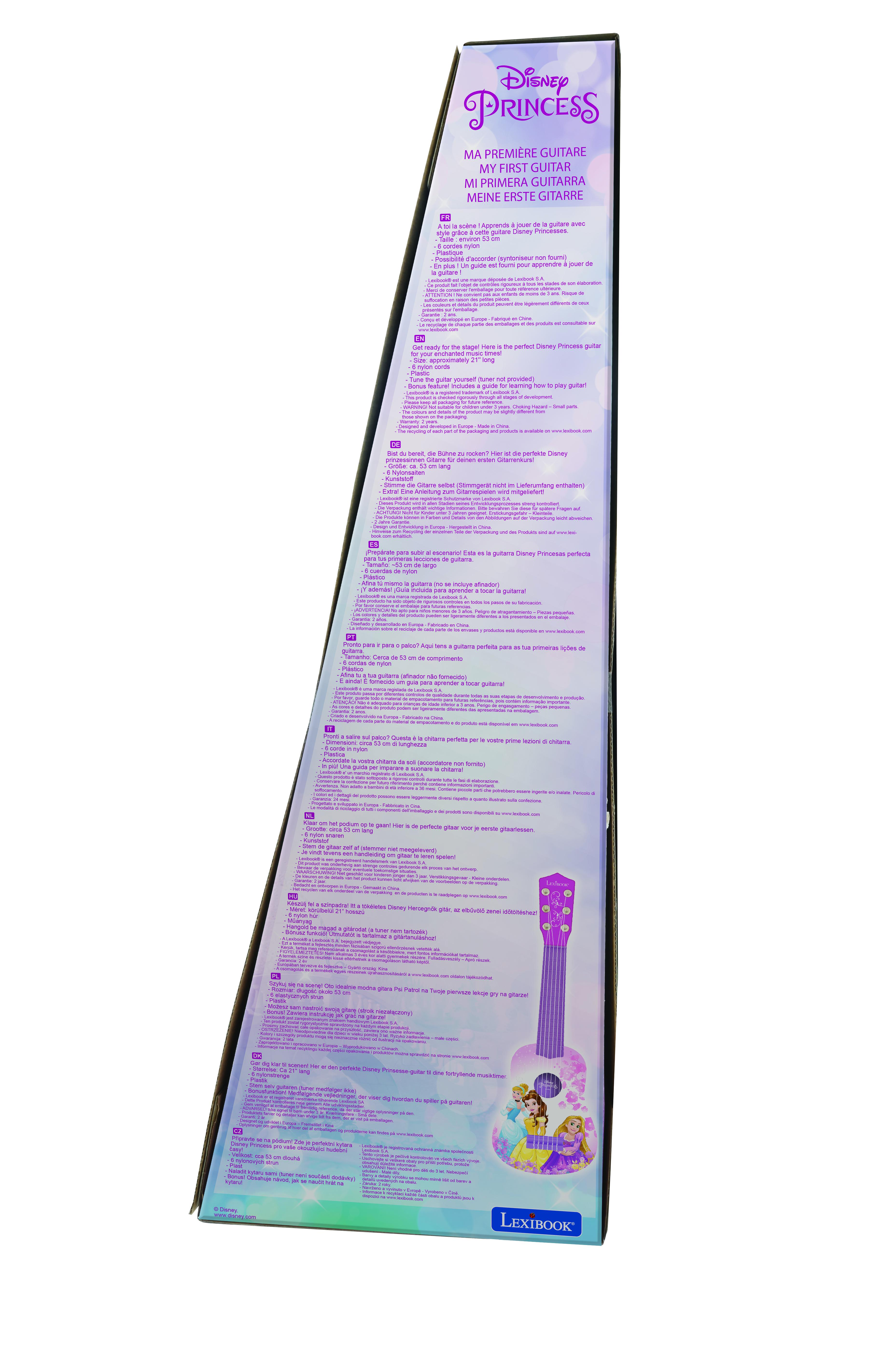 Tył różowego pudełka na gitarę Disney Princess. Tekst w wielu językach. Obraz gitary w dolnej części.