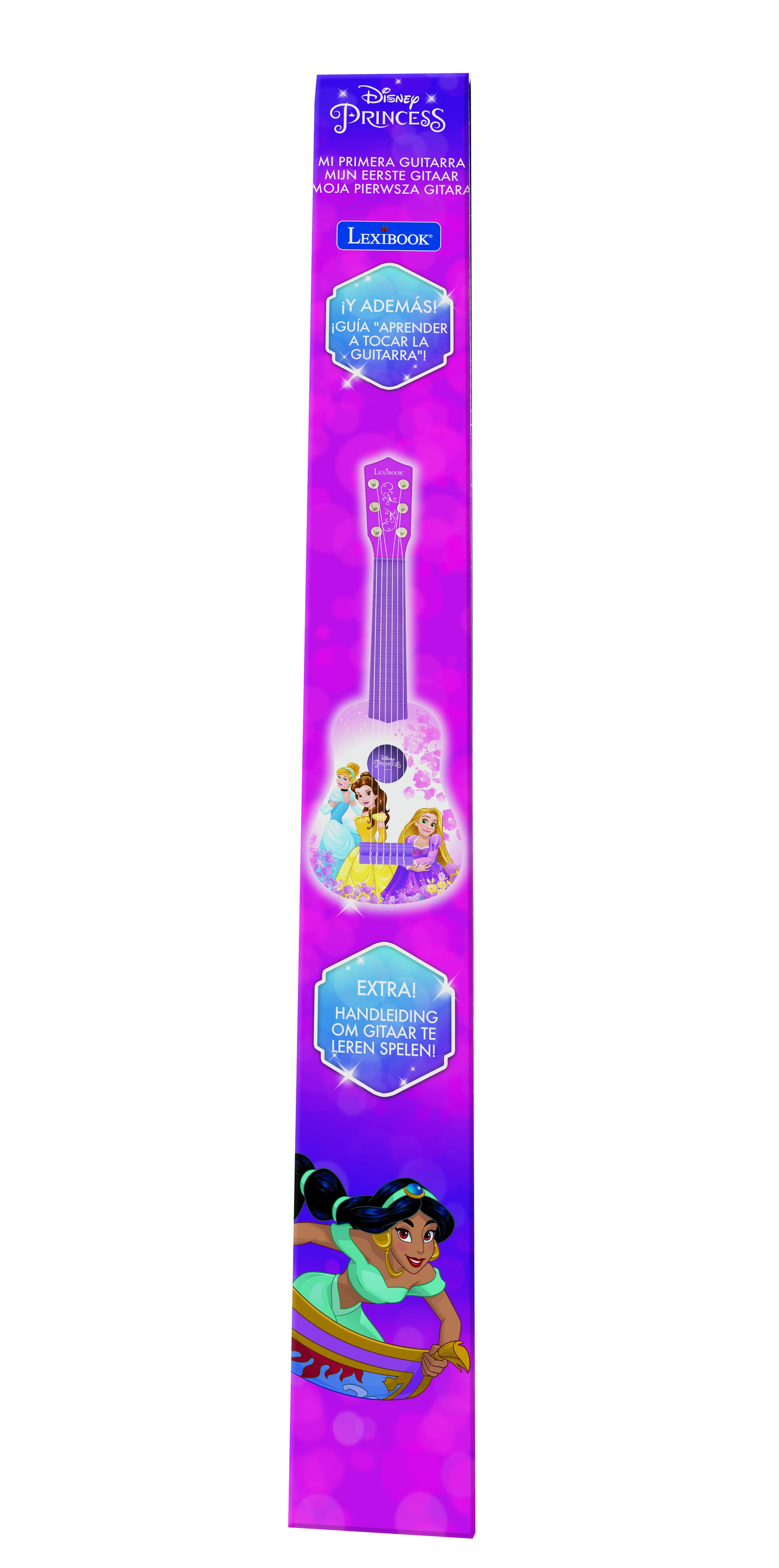 Wysokie pudełko zabawki gitary Disney Princess. Obraz gitary jest widoczny.