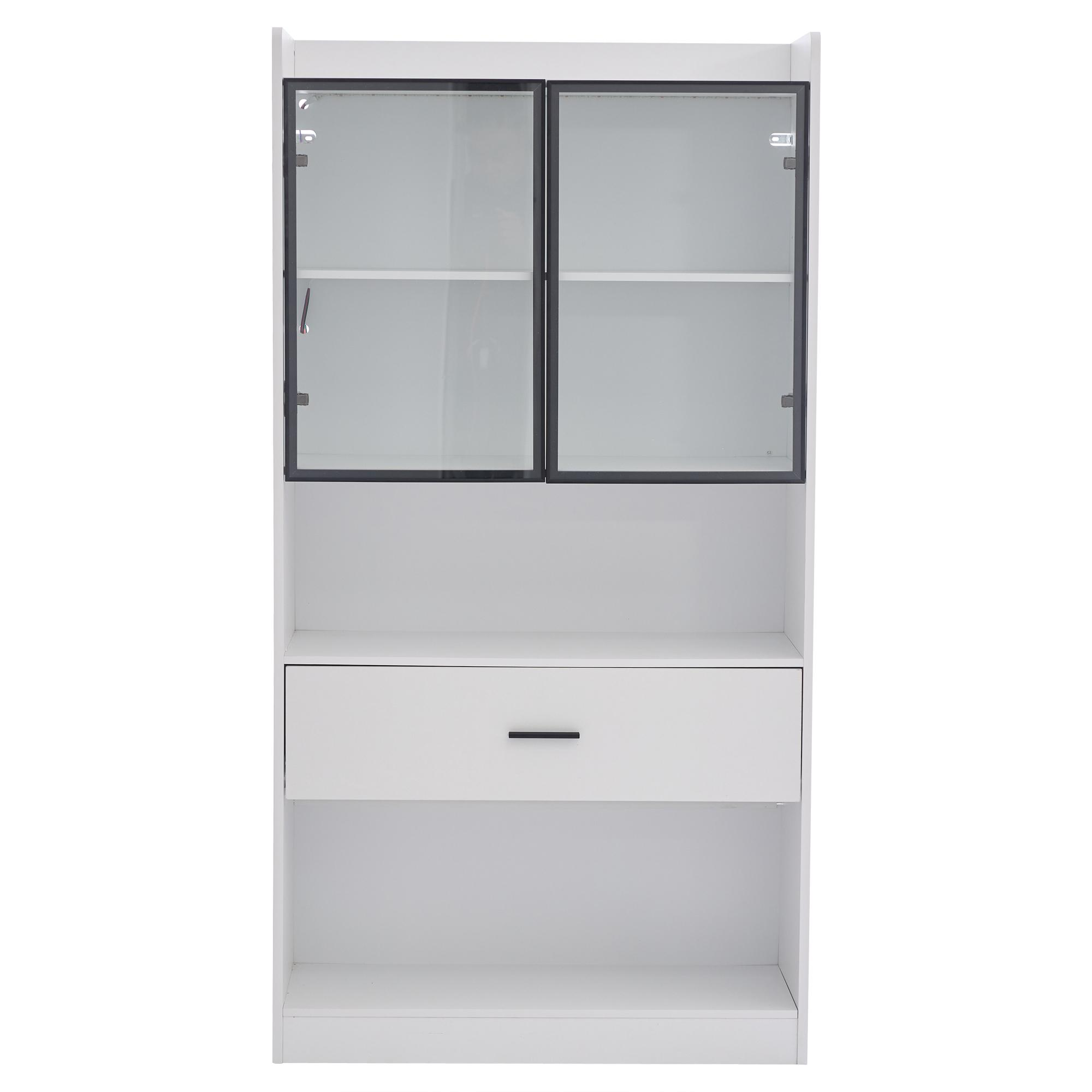 Ein weißer Schrank mit Schublade und Glastür oben. Der Schrank ist leer.