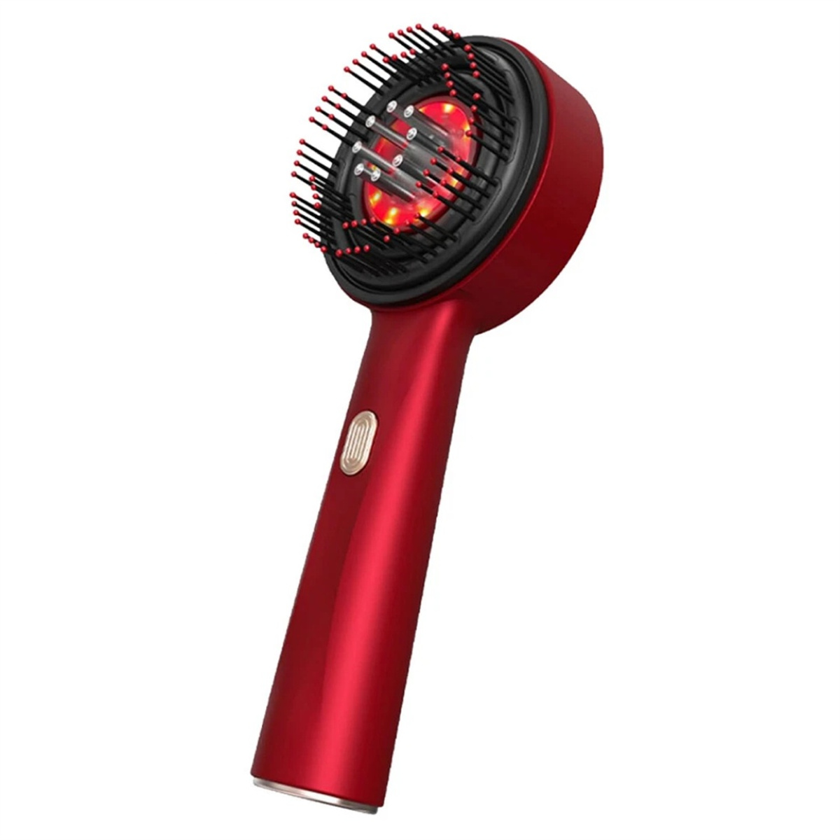 Roter Haarmassagegerät. Der Kopf hat schwarze Borsten. Der Griff hat einen goldenen Knopf.