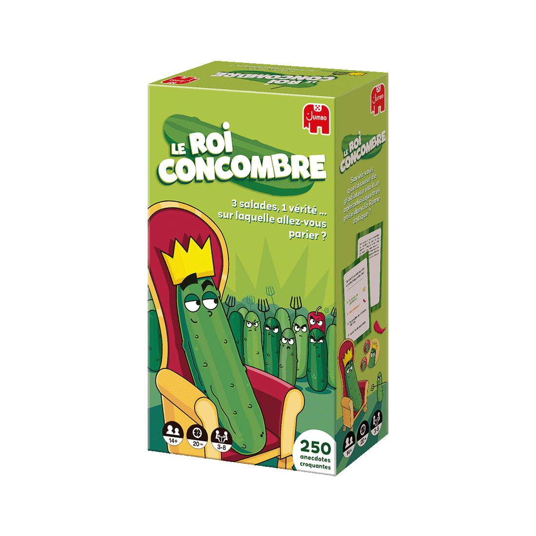 Scatola di un gioco, Il Re Cetriolo. Un cetriolo seduto su un trono, con testo in francese.