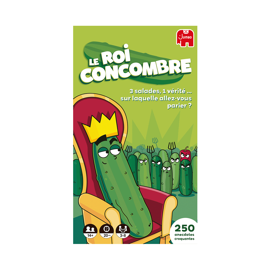 Gioco da tavolo: 'Le Roi Concombre'. Un re cetriolo su un trono, scatola del gioco sullo sfondo.