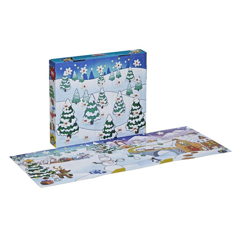 Pudełko kalendarza adwentowego Play-Doh z choinkami, bałwanem i zaśnieżonym krajobrazem.