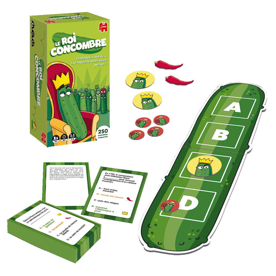 Gioco da tavolo: 'Le Roi Concombre'. Un re cetriolo su un trono, carte, tabellone e gettoni.