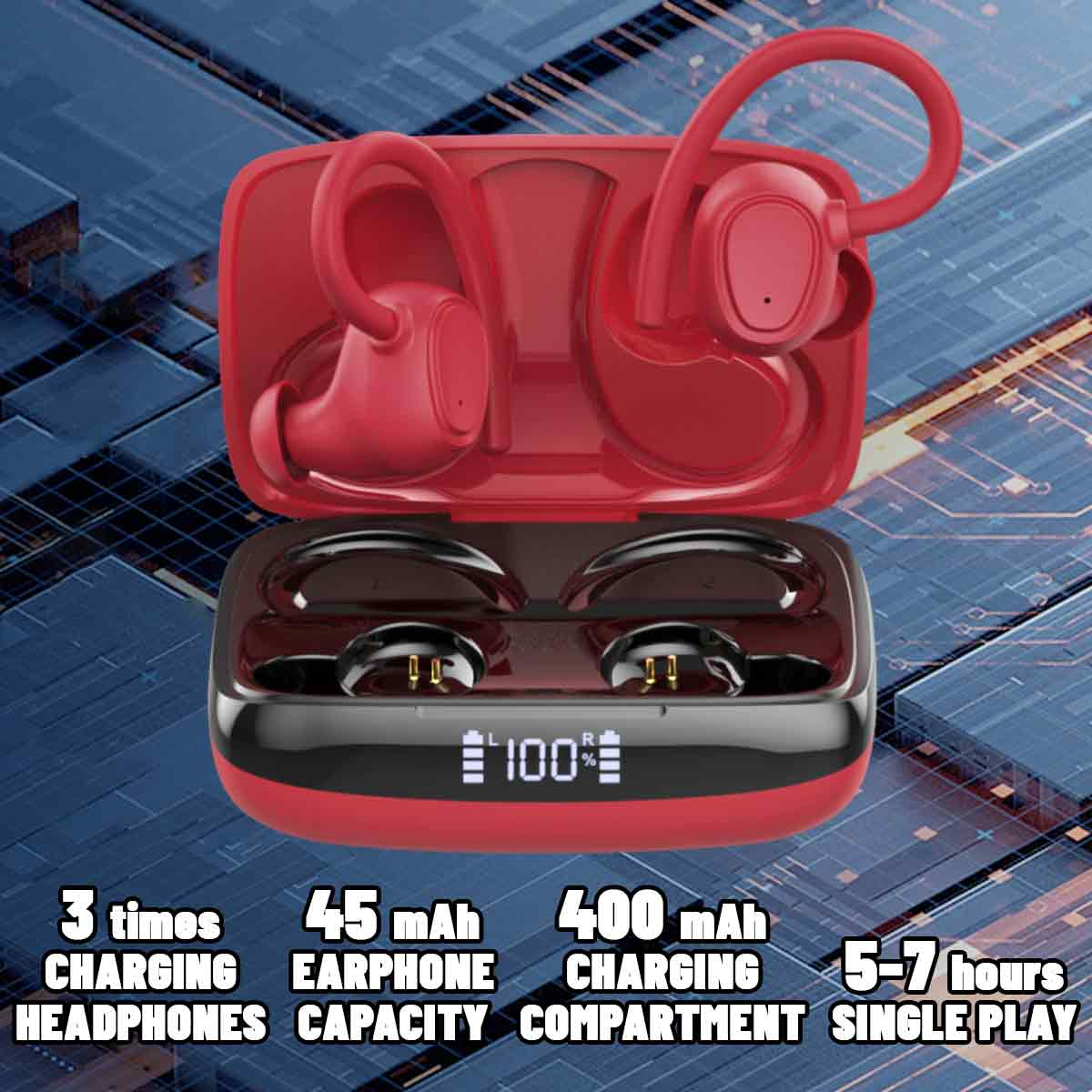 Rote Ohrhörer in einem Ladeetui. Das Etui zeigt 100 % geladen an. Text: 3-maliges Aufladen, 45 mAh Ohrhörer, 400 mAh.