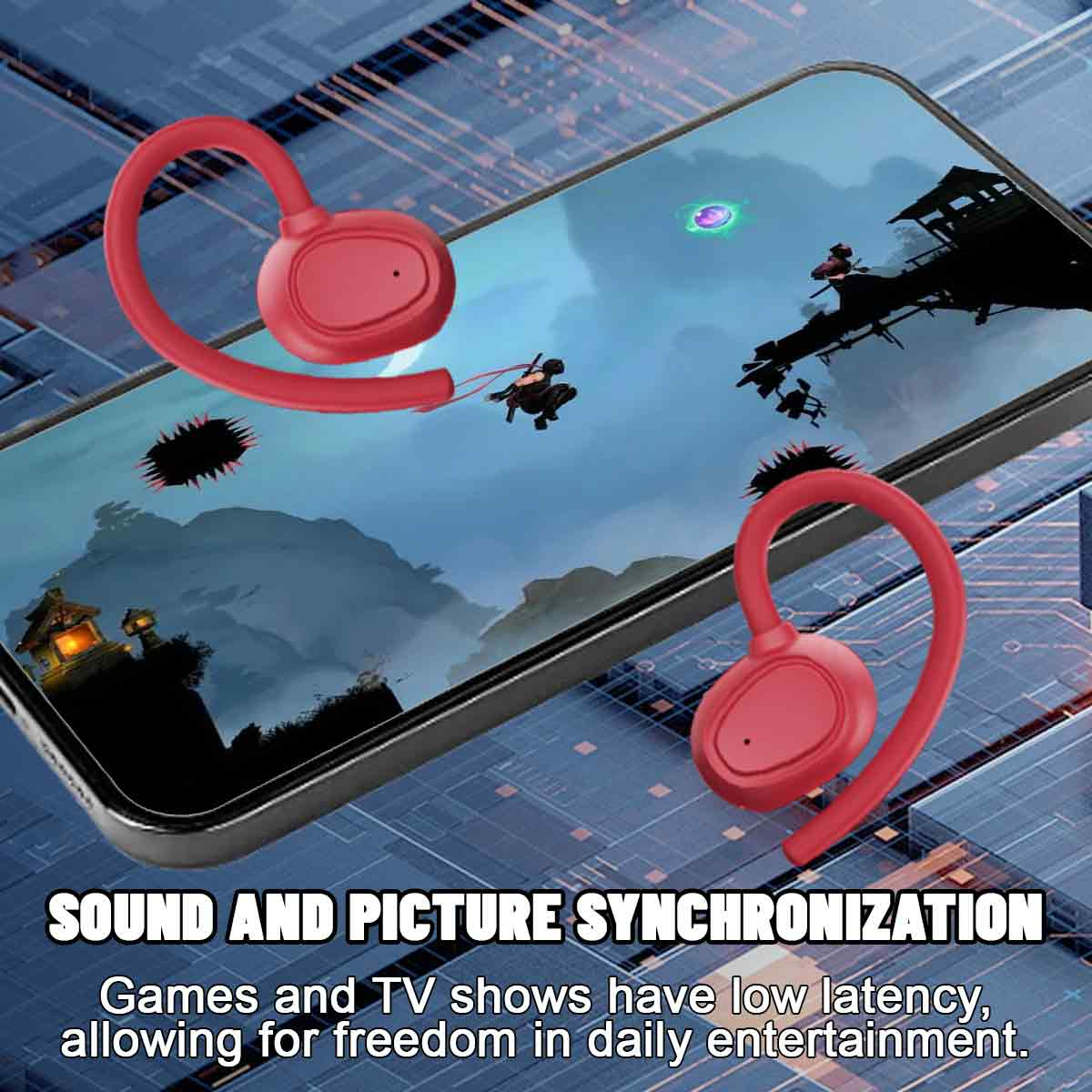 Ohrhörer auf einem Telefon, das ein Spiel zeigt. Text: Ton- und Bildsynchronisation. Spiele und Fernsehsendungen haben geringe Latenz.