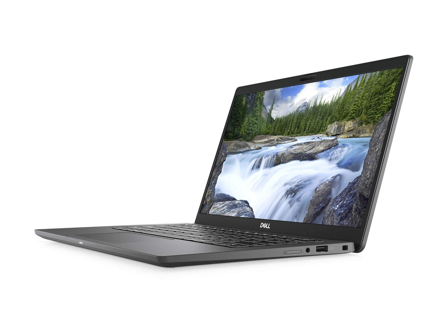 Grauer Dell-Laptop mit einem Bildschirm, der eine Wasserfallszene zeigt, auf einer weißen Oberfläche.