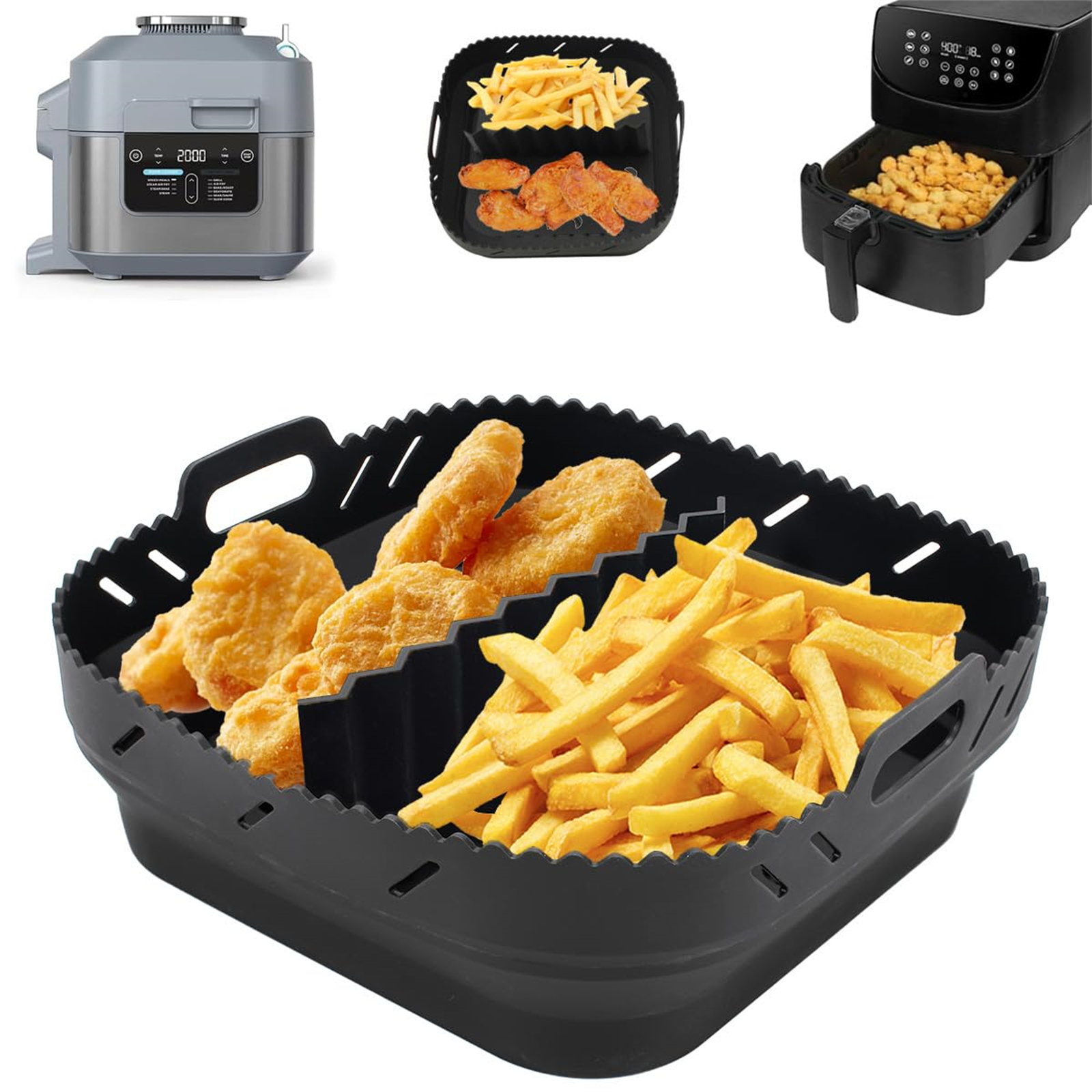 Zubehör für die Heißluftfritteuse mit Essen darin. Pommes Frites und Chicken Nuggets sind sichtbar.