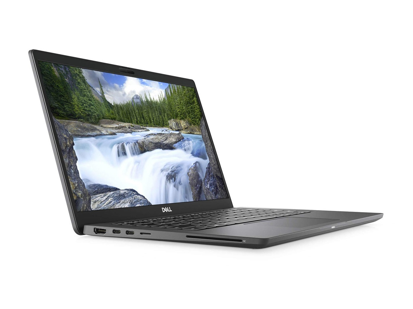 Laptop mit Wasserfallbild auf dem Bildschirm, geöffnet, abgewinkelt.