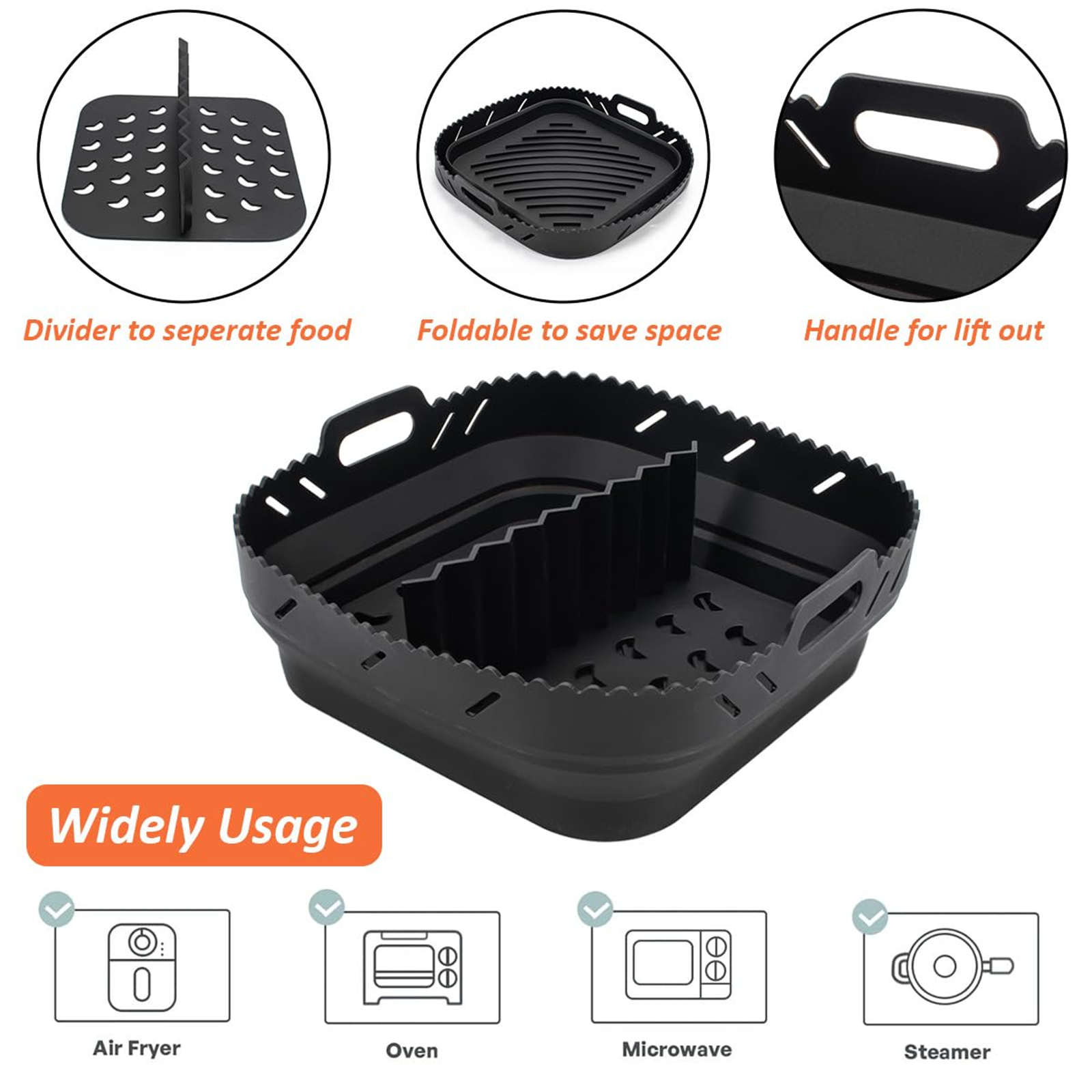 Schwarzes Airfryer-Zubehör, Teiler, faltbar, Griff, Text: Vielseitige Verwendung.
