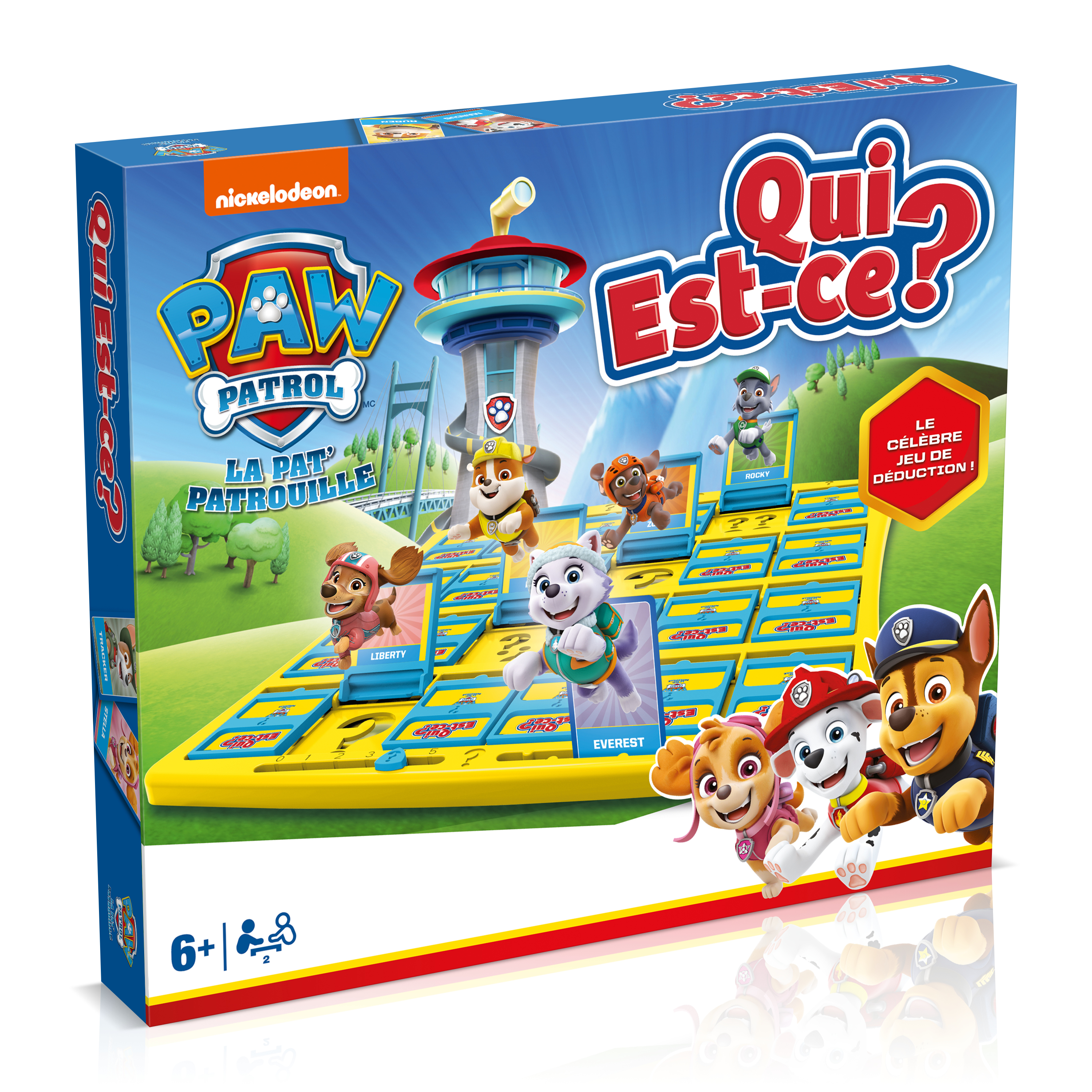 PAW Patrol Brettspielbox. Das Spiel zeigt Charaktere und einen Turm. Helle Farben.