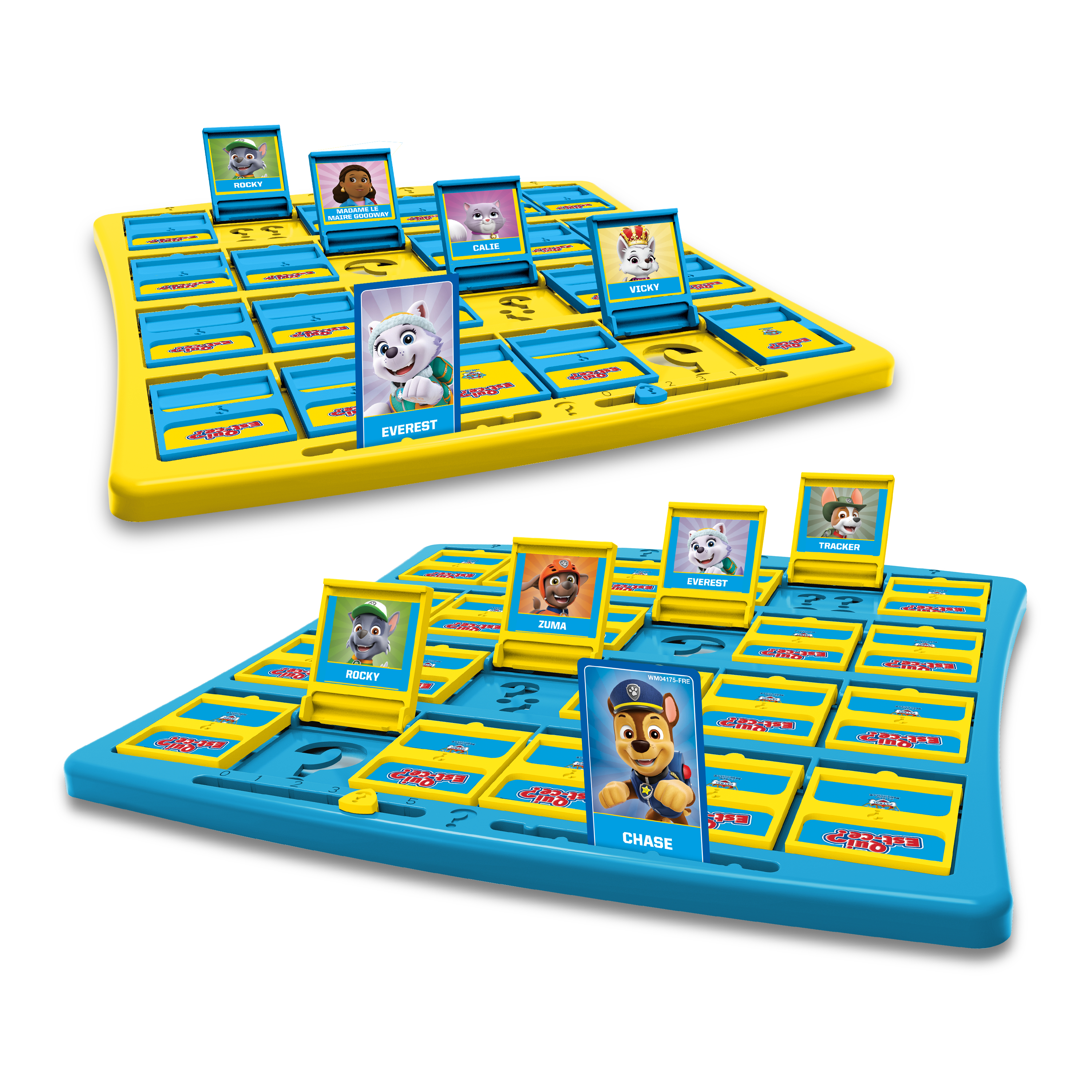 Zwei Paw Patrol Wer bin ich? Spielbretter. Charaktere sind Rocky, Skye, Everest und Chase.