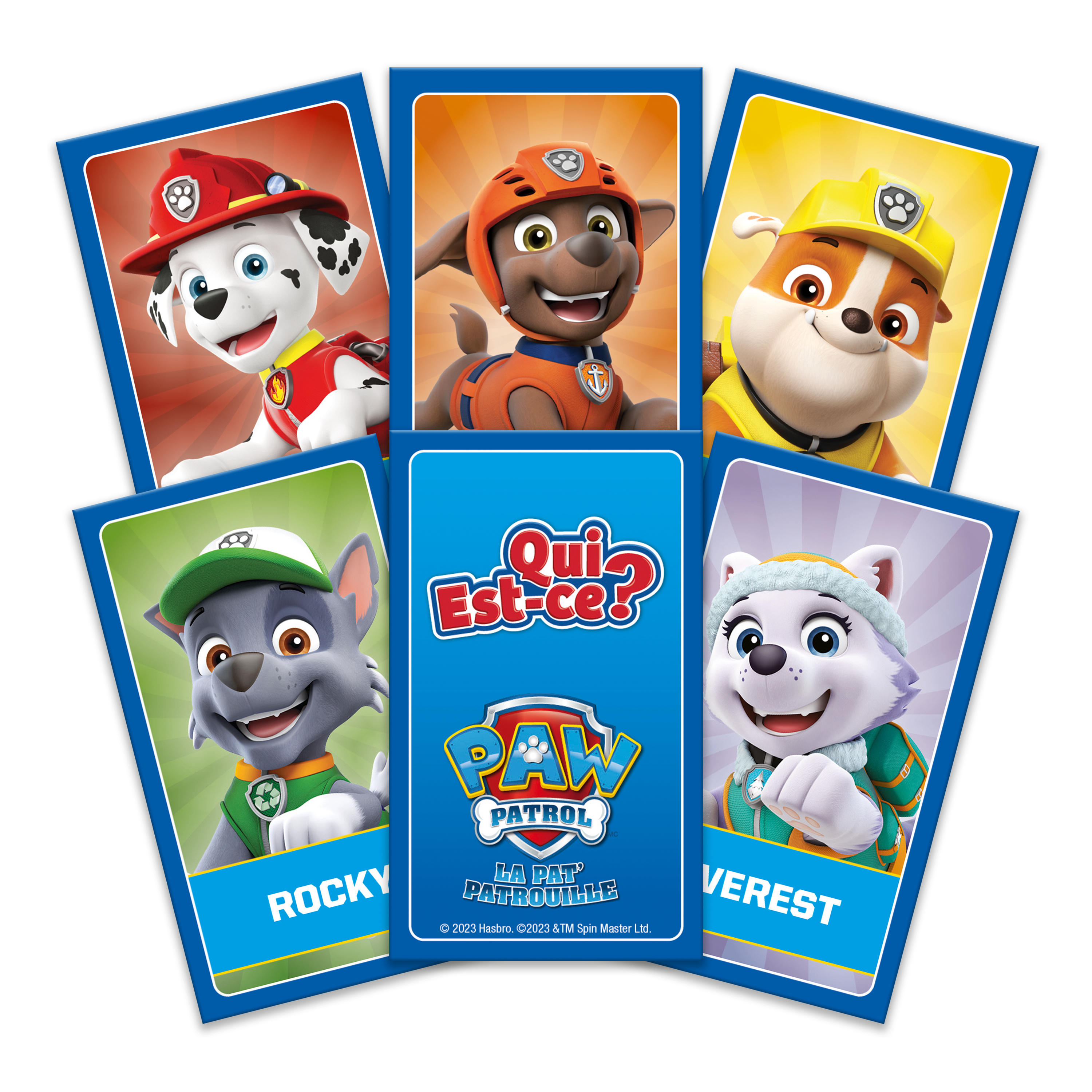 Paw Patrol Charakterkarten mit Marshall, Rubble, Chase, Rocky und Everest. Der Spieletitel steht in der Mitte.