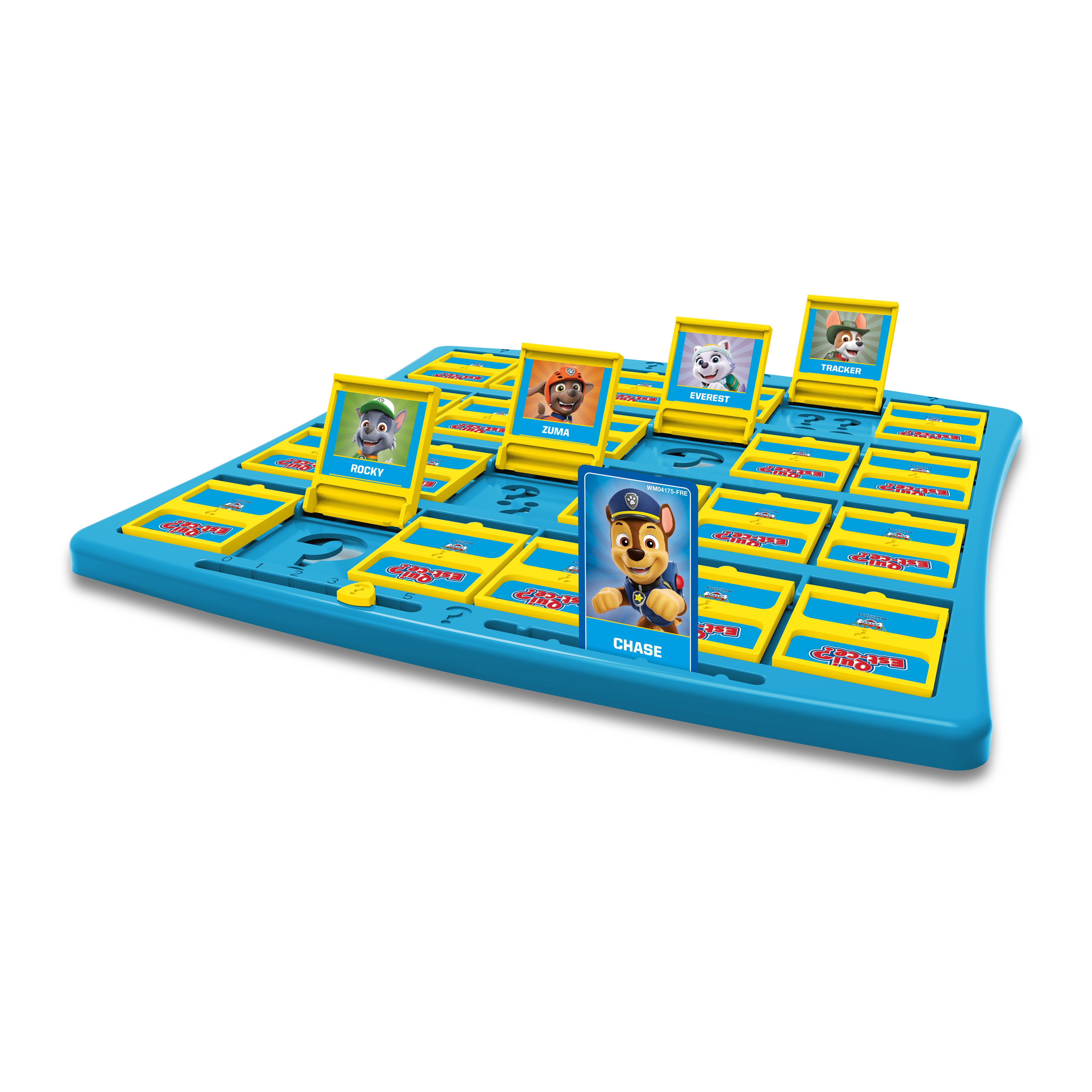 Paw Patrol Wer ist es? Spiel mit Charakterkarten, blauem Spielbrett und Chase-Karte.